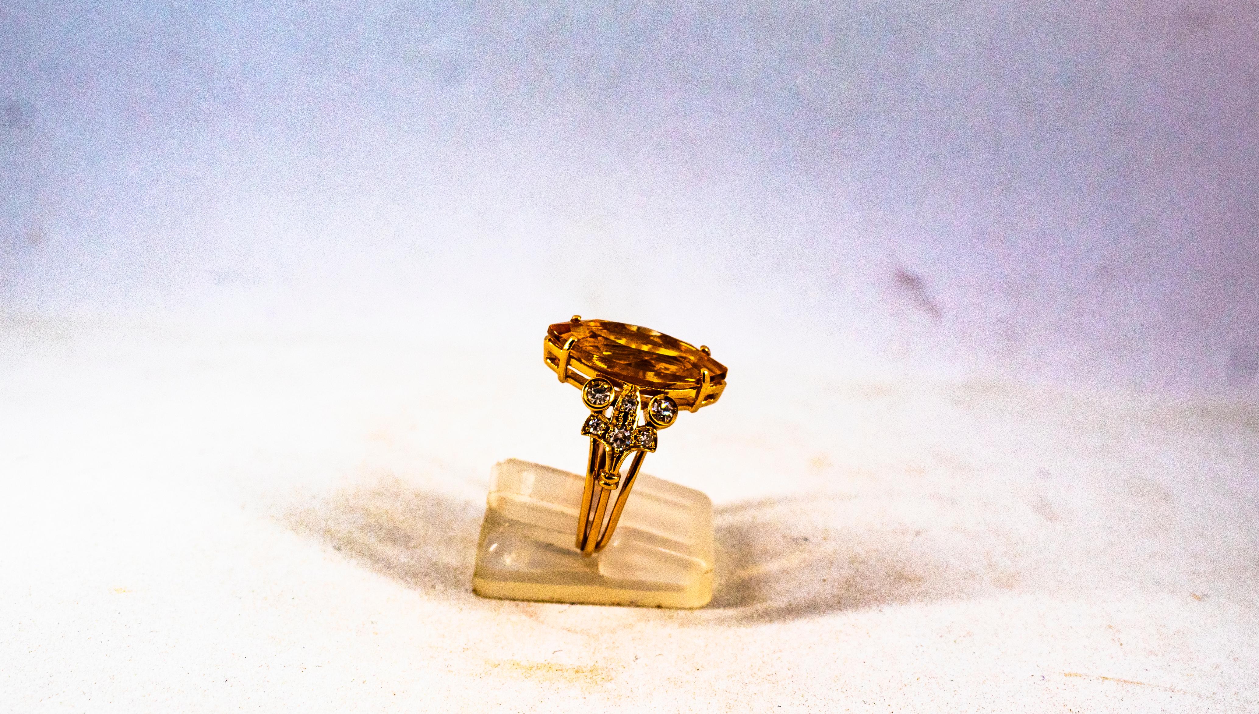 Art Deco Style White Brilliant Cut Diamond Citrine Yellow Gold Cocktail Ring For Sale 1