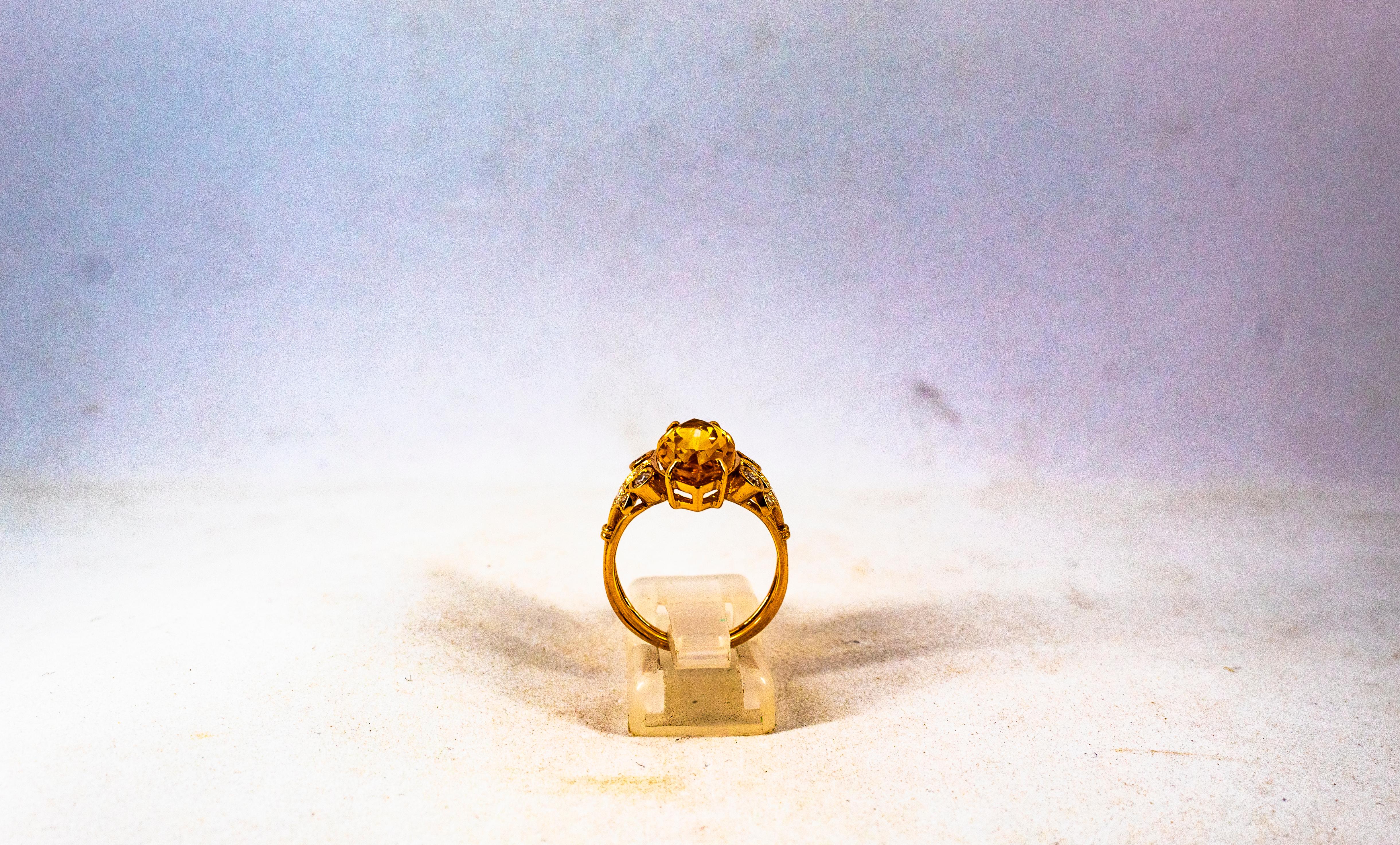 Art Deco Style White Brilliant Cut Diamond Citrine Yellow Gold Cocktail Ring In New Condition In Naples, IT