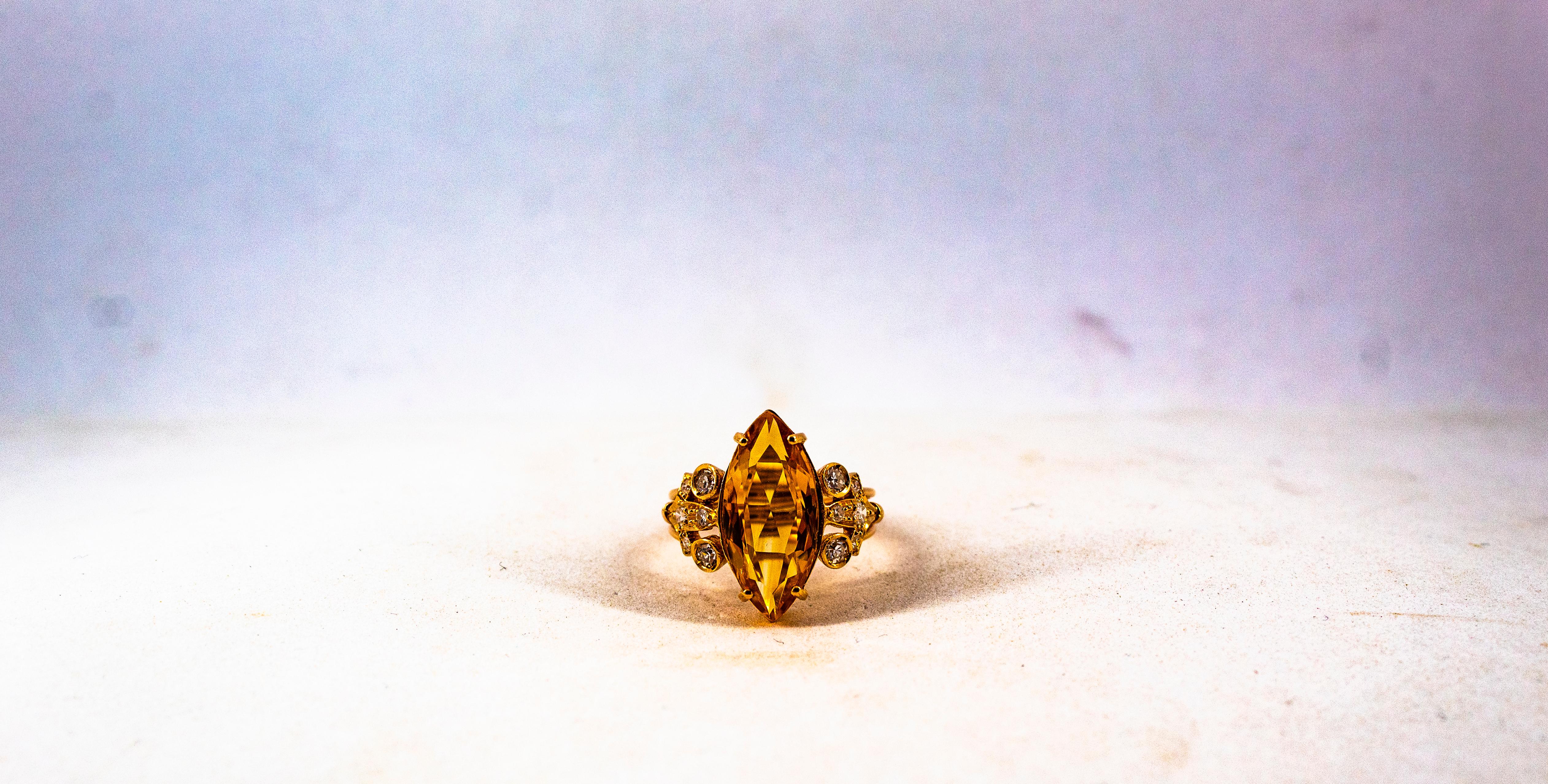 Art Deco Style White Brilliant Cut Diamond Citrine Yellow Gold Cocktail Ring For Sale 2