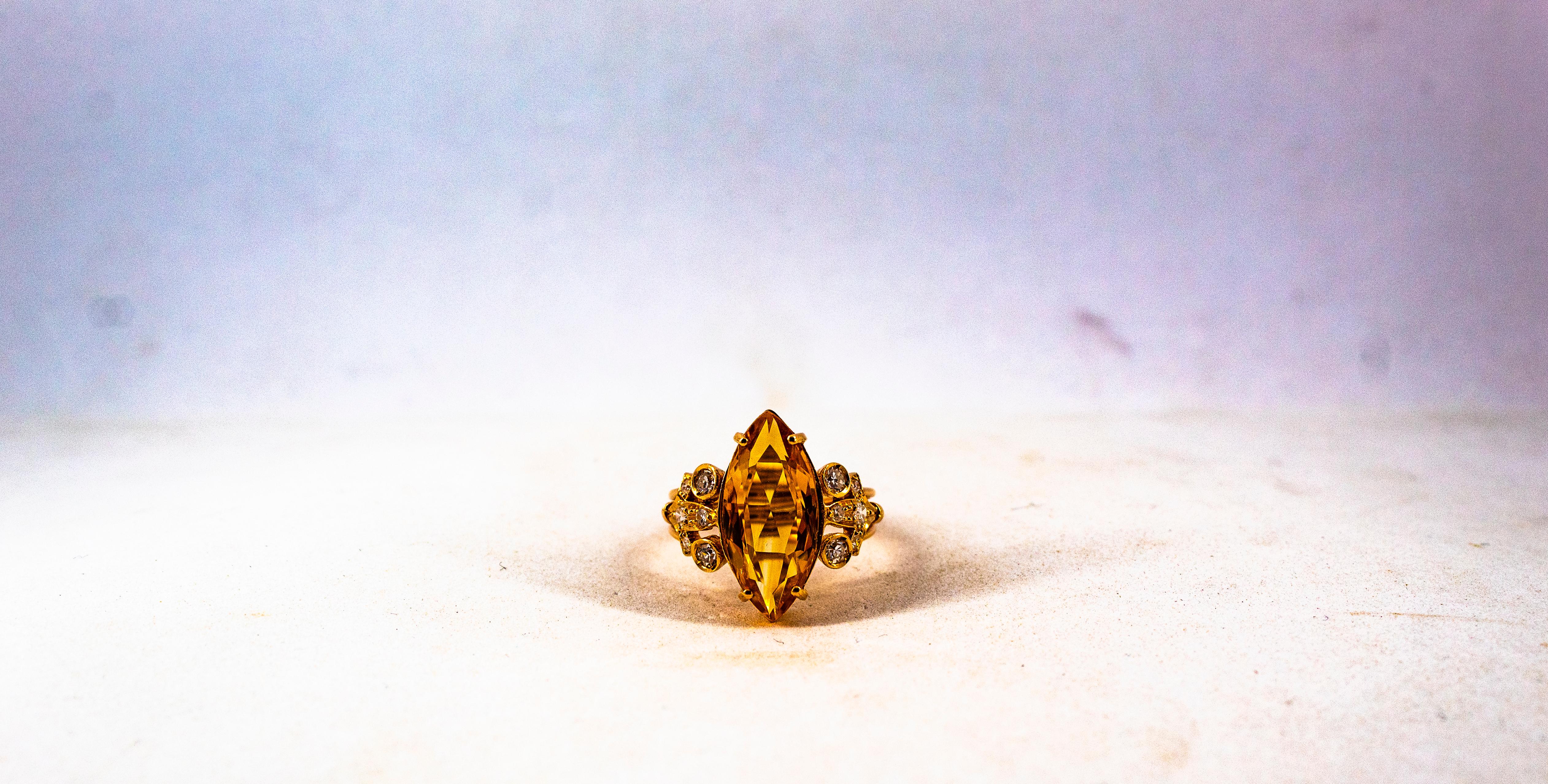 Art Deco Style White Brilliant Cut Diamond Citrine Yellow Gold Cocktail Ring 2