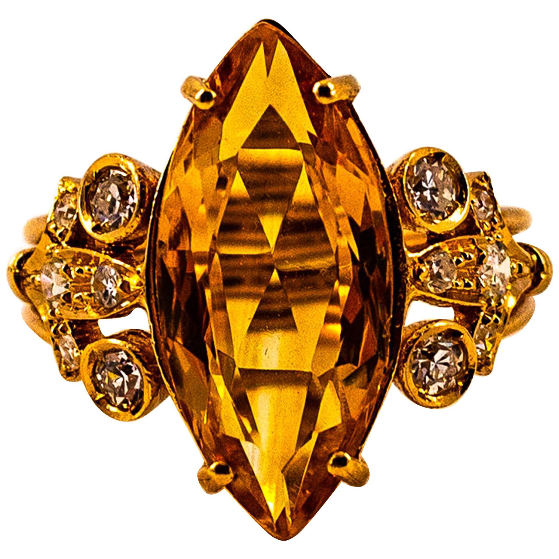 Art Deco Style White Brilliant Cut Diamond Citrine Yellow Gold Cocktail Ring For Sale