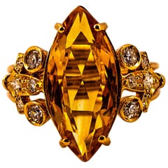 Anillo de Cóctel de Oro Amarillo con Citrino y Diamantes de Corte Brillante Blanco Estilo Art Decó