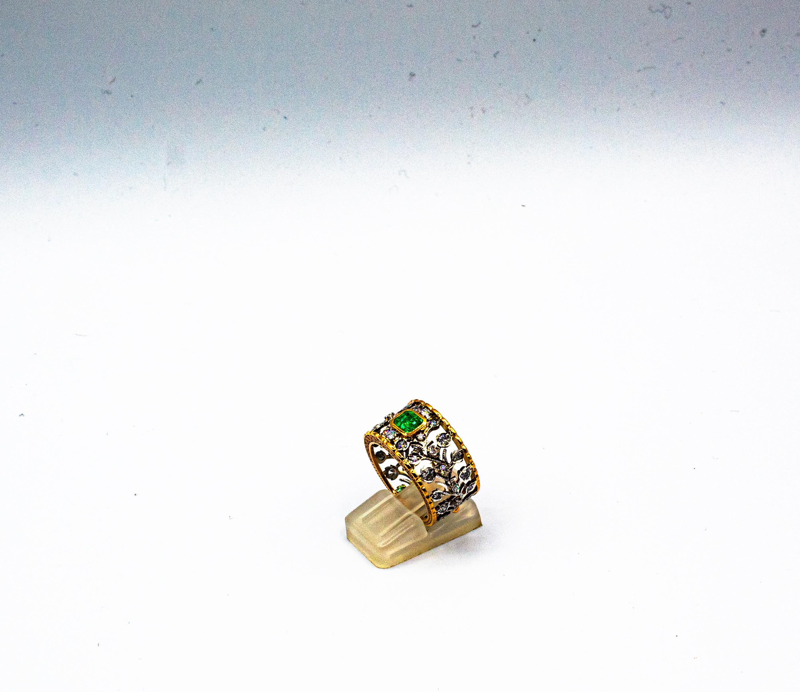 Anello a fascia in oro giallo con diamante smeraldo taglio brillante bianco in stile Art Deco in vendita 4