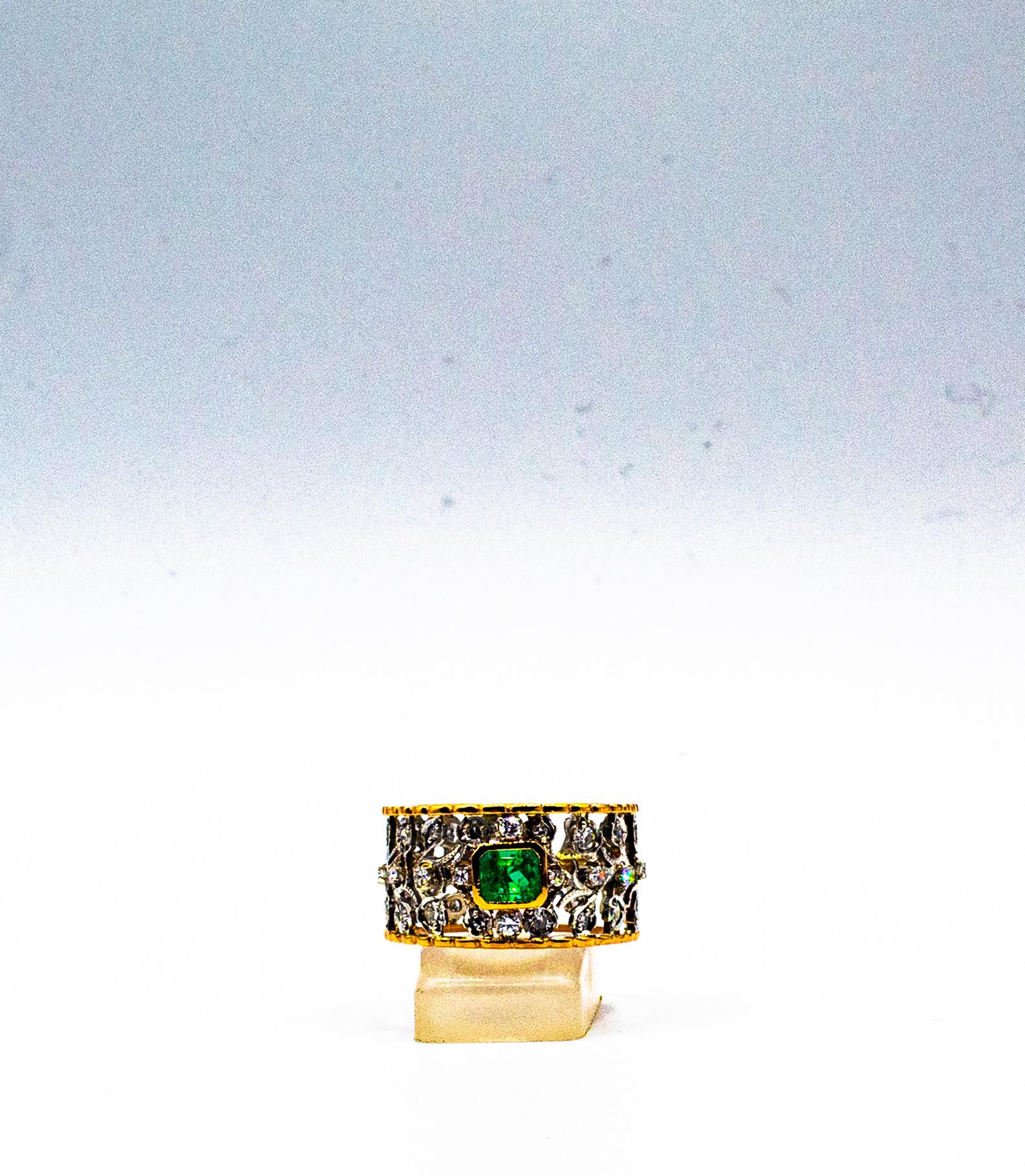 Art Deco Style White Brilliant Cut Diamond Emerald Yellow Gold Band Ring For Sale 7