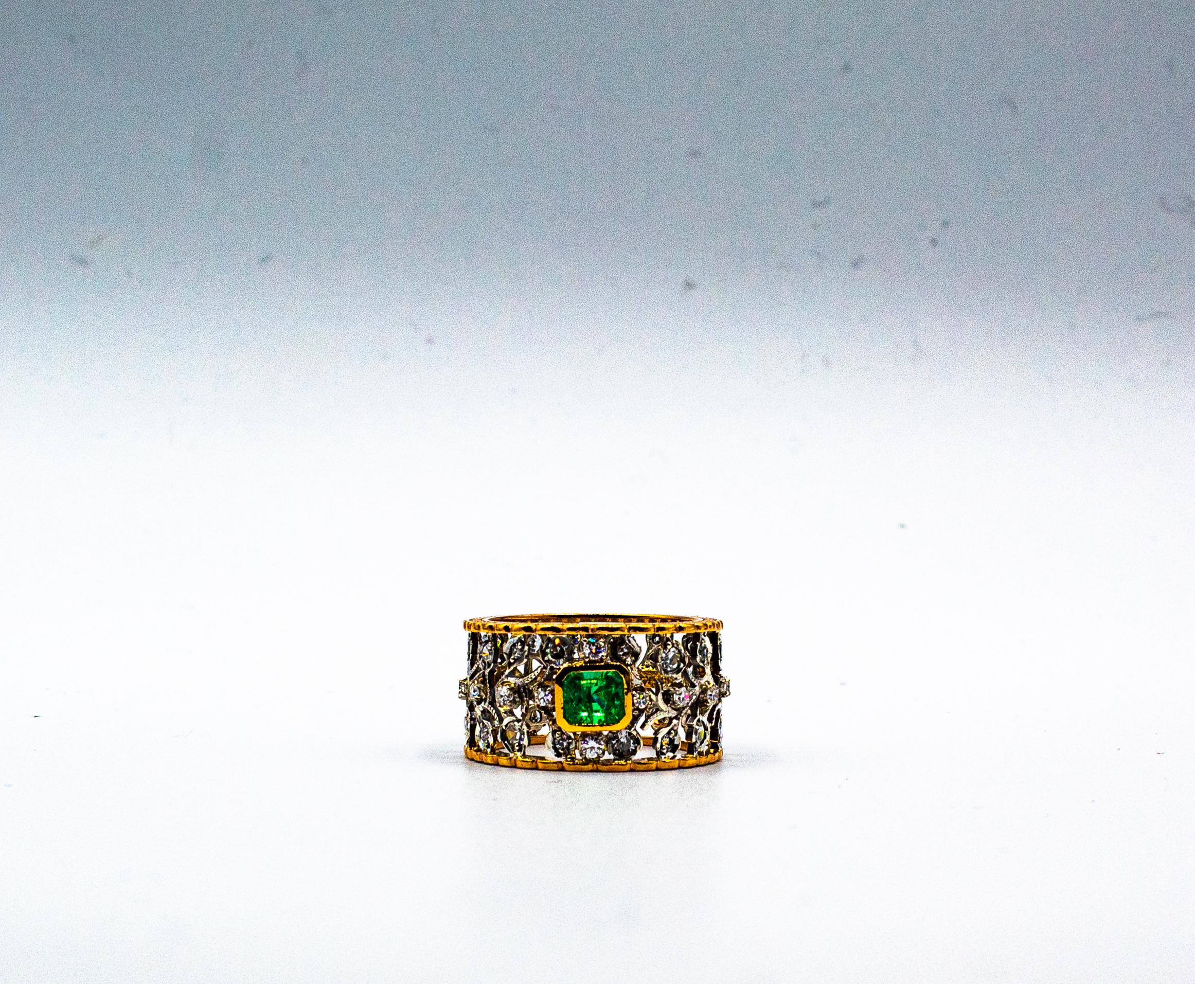 Anello a fascia in oro giallo con diamante smeraldo taglio brillante bianco in stile Art Deco in vendita 8