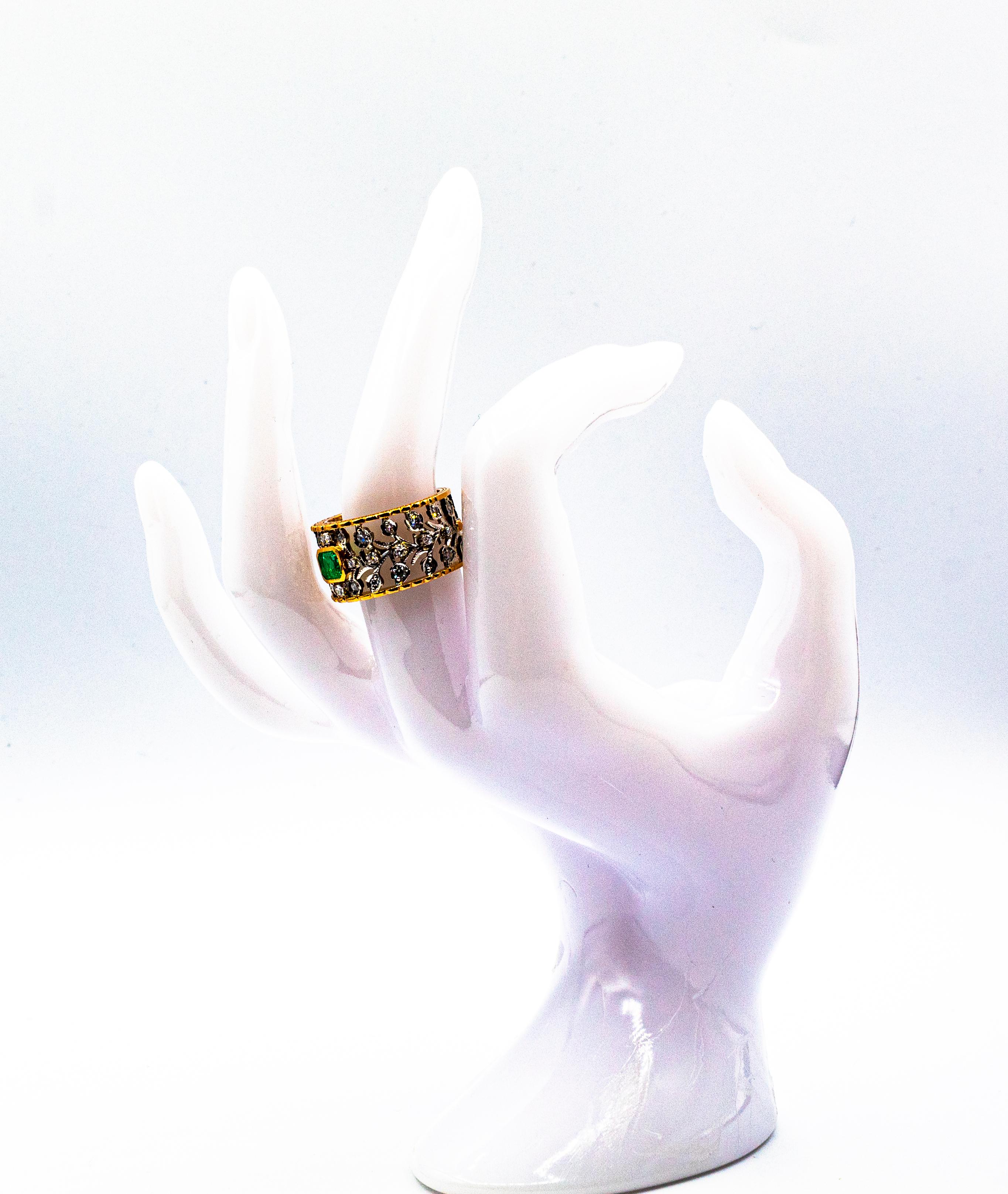Art Deco Style White Brilliant Cut Diamond Emerald Yellow Gold Band Ring For Sale 13