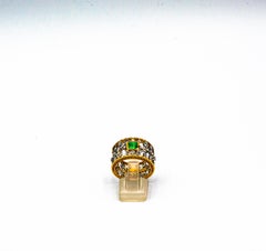 Art Deco Style White Brilliant Cut Diamond Emerald Yellow Gold Band Ring