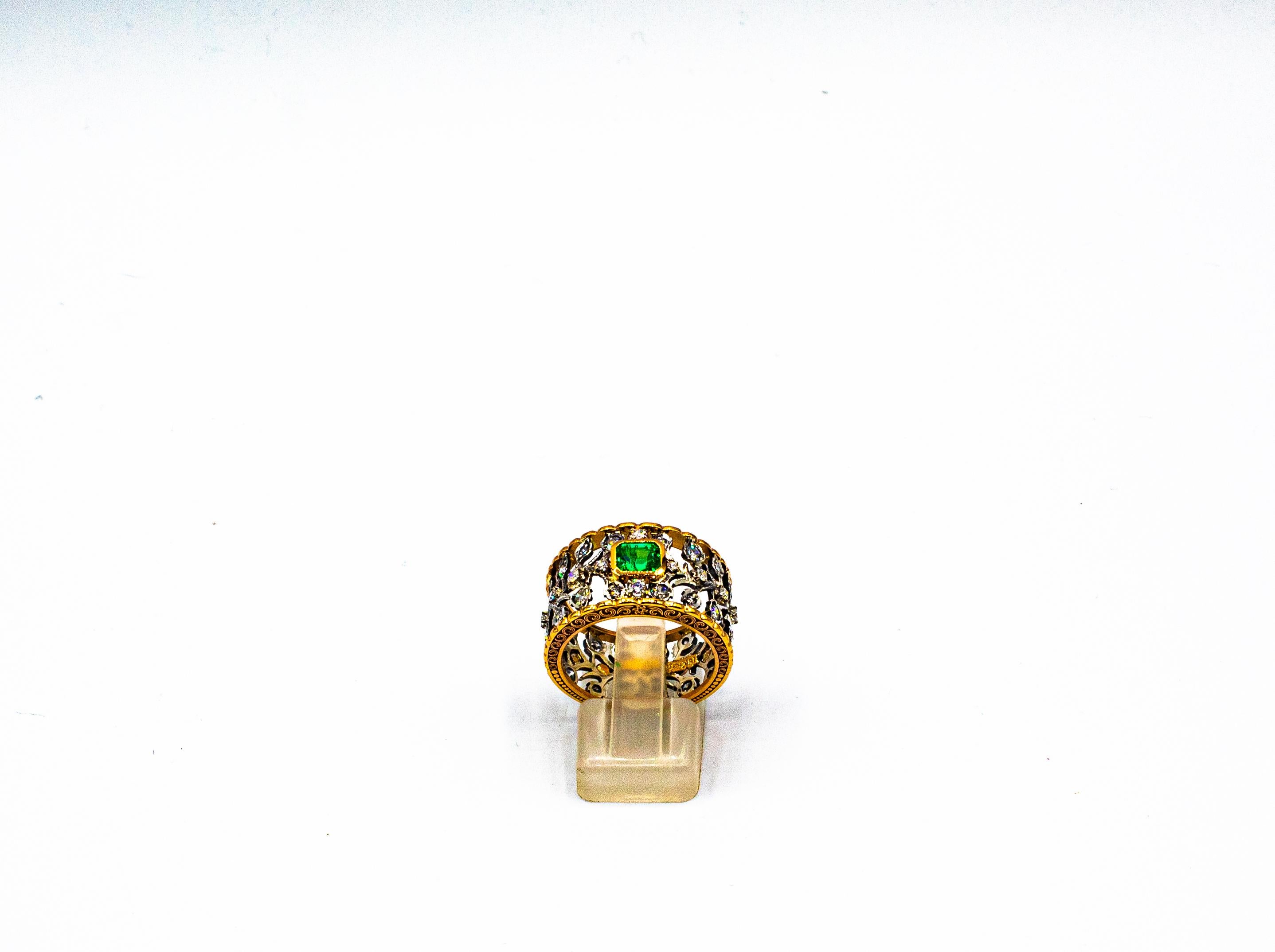 Art Deco Style White Brilliant Cut Diamond Emerald Yellow Gold Band Ring In New Condition For Sale In Naples, IT