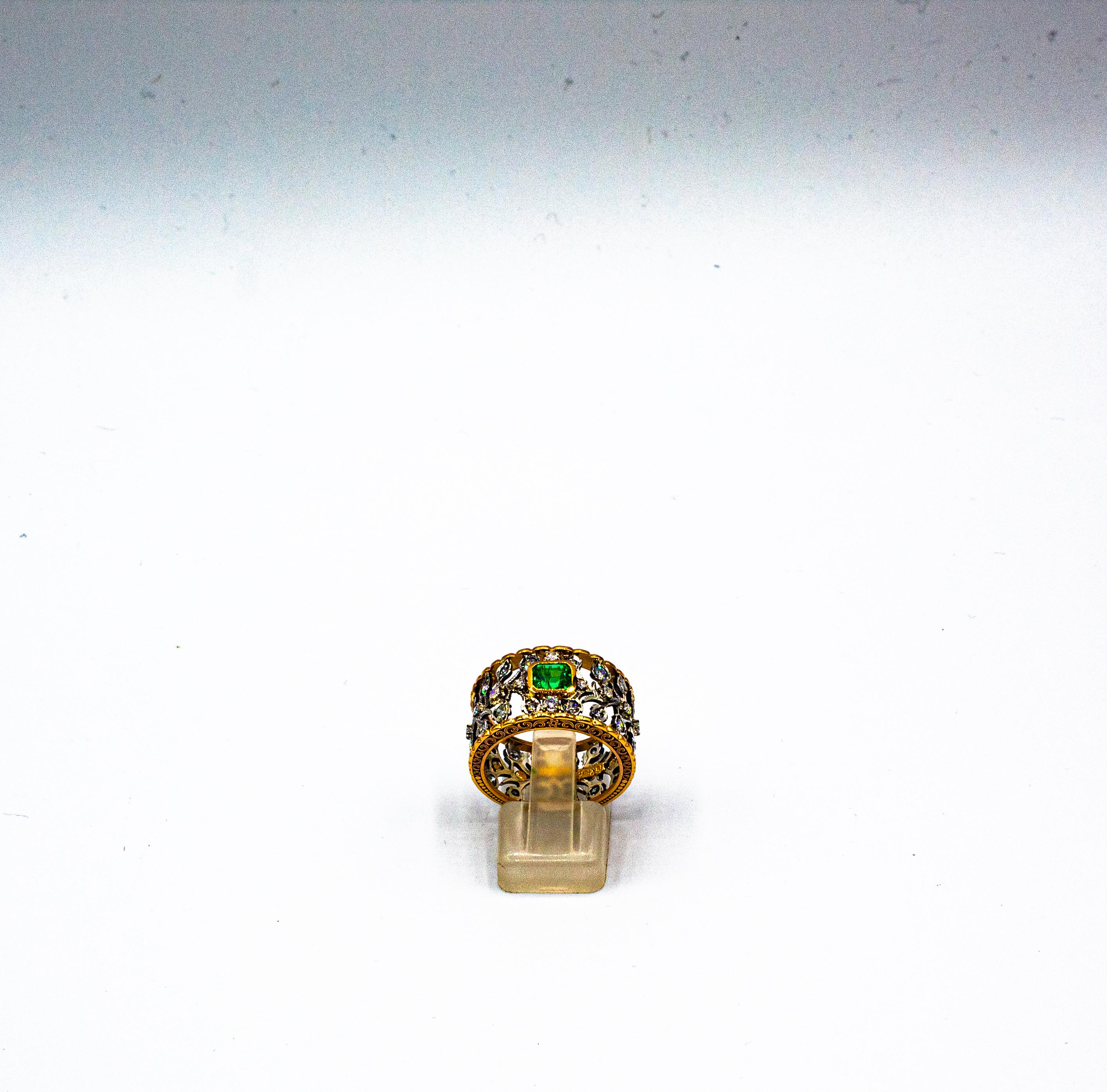 Women's or Men's Art Deco Style White Brilliant Cut Diamond Emerald Yellow Gold Band Ring For Sale