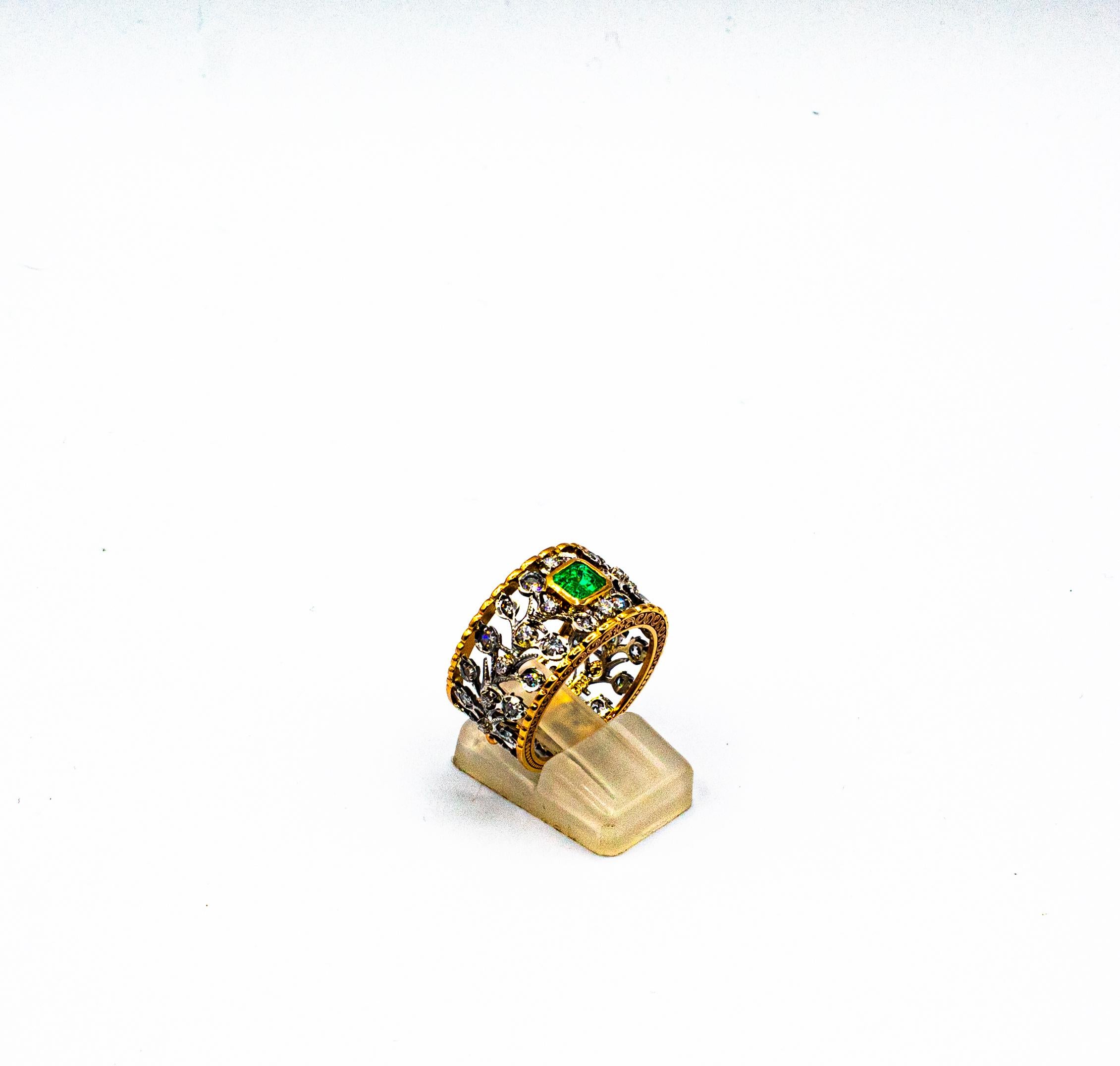 Art Deco Style White Brilliant Cut Diamond Emerald Yellow Gold Band Ring For Sale 1