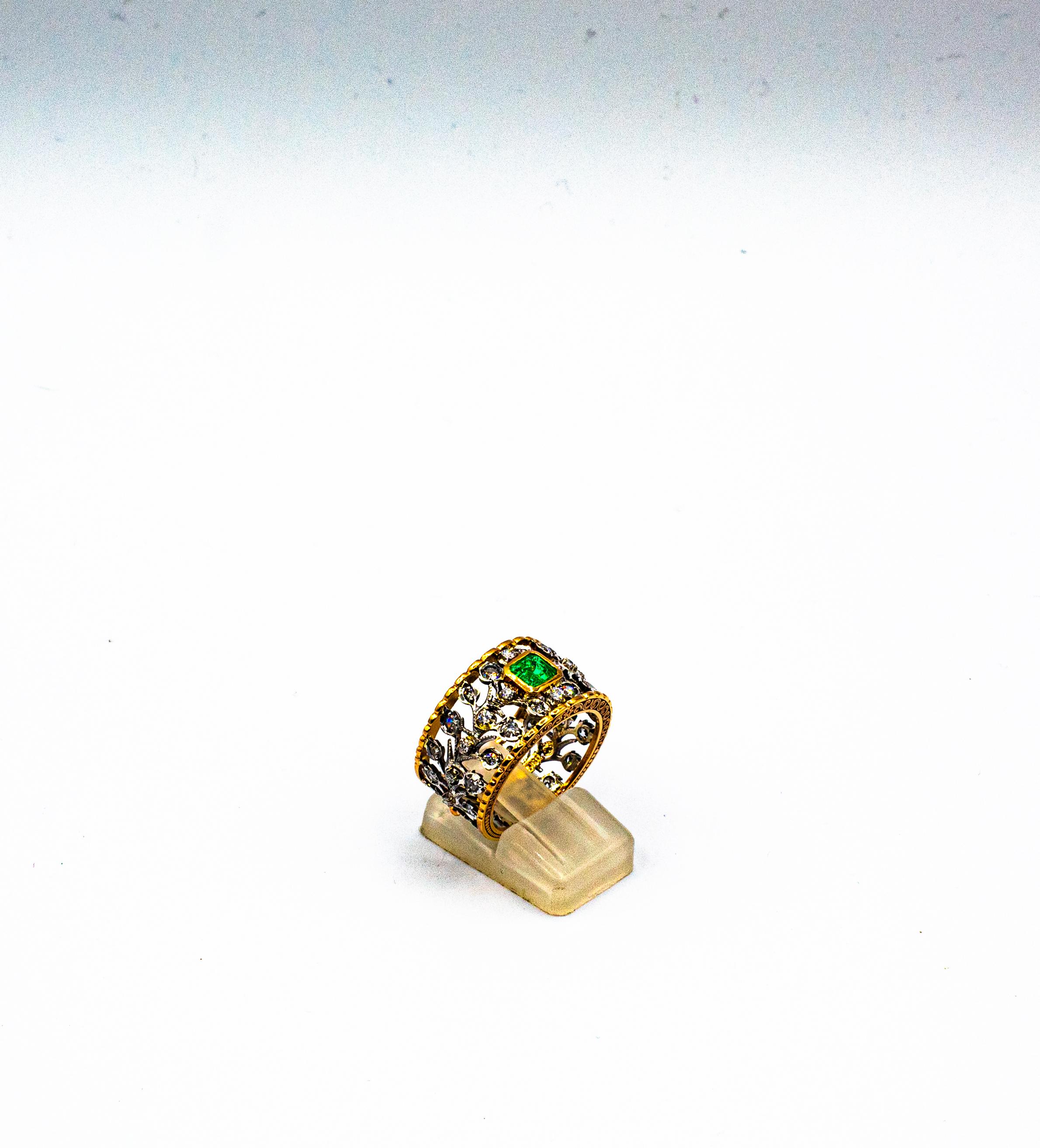 Art Deco Style White Brilliant Cut Diamond Emerald Yellow Gold Band Ring For Sale 2