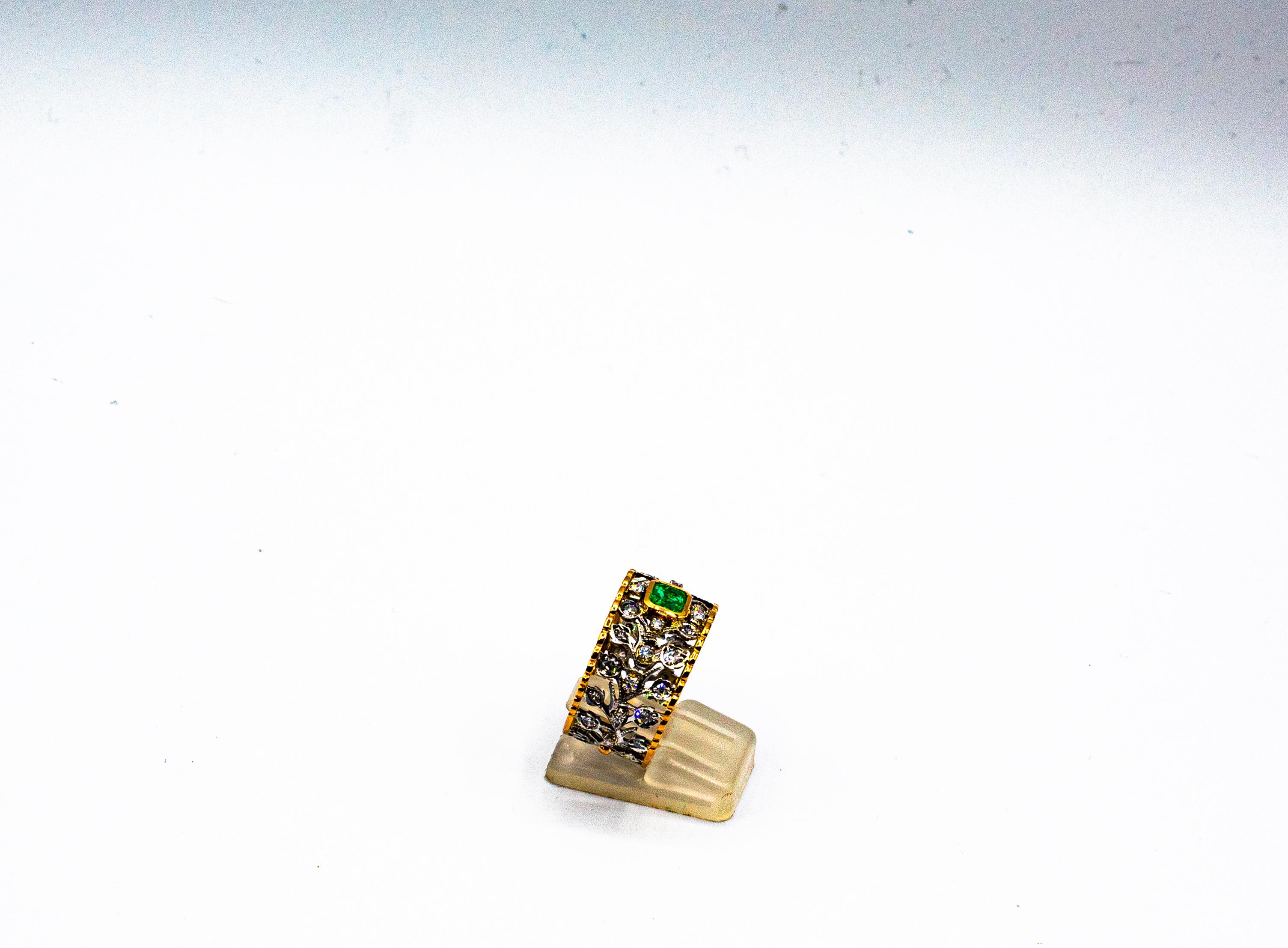 Anello a fascia in oro giallo con diamante smeraldo taglio brillante bianco in stile Art Deco in vendita 2