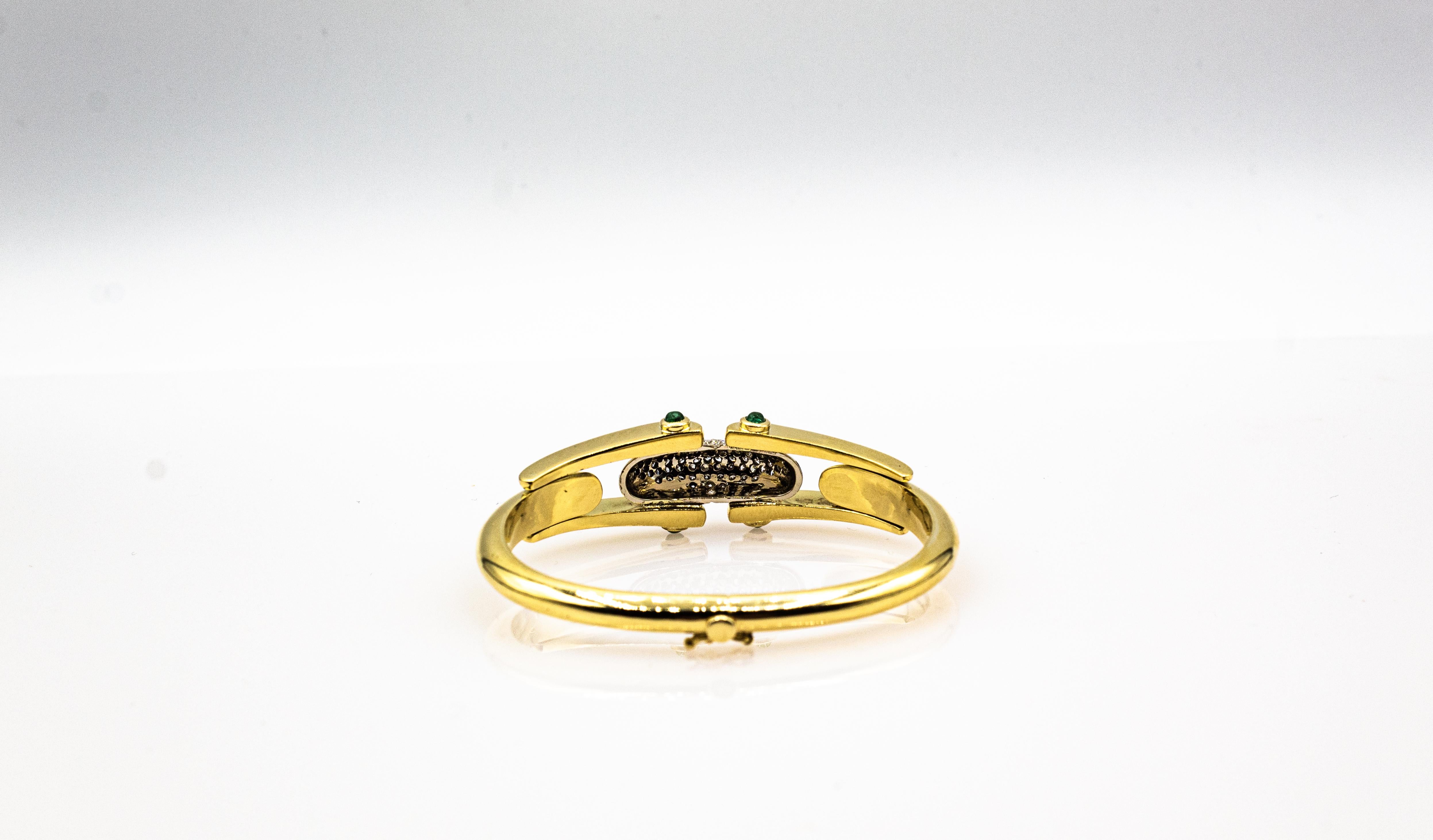 Women's or Men's Art Deco Style White Brilliant Cut Diamond Emerald Yellow Gold Clamper Bracelet For Sale