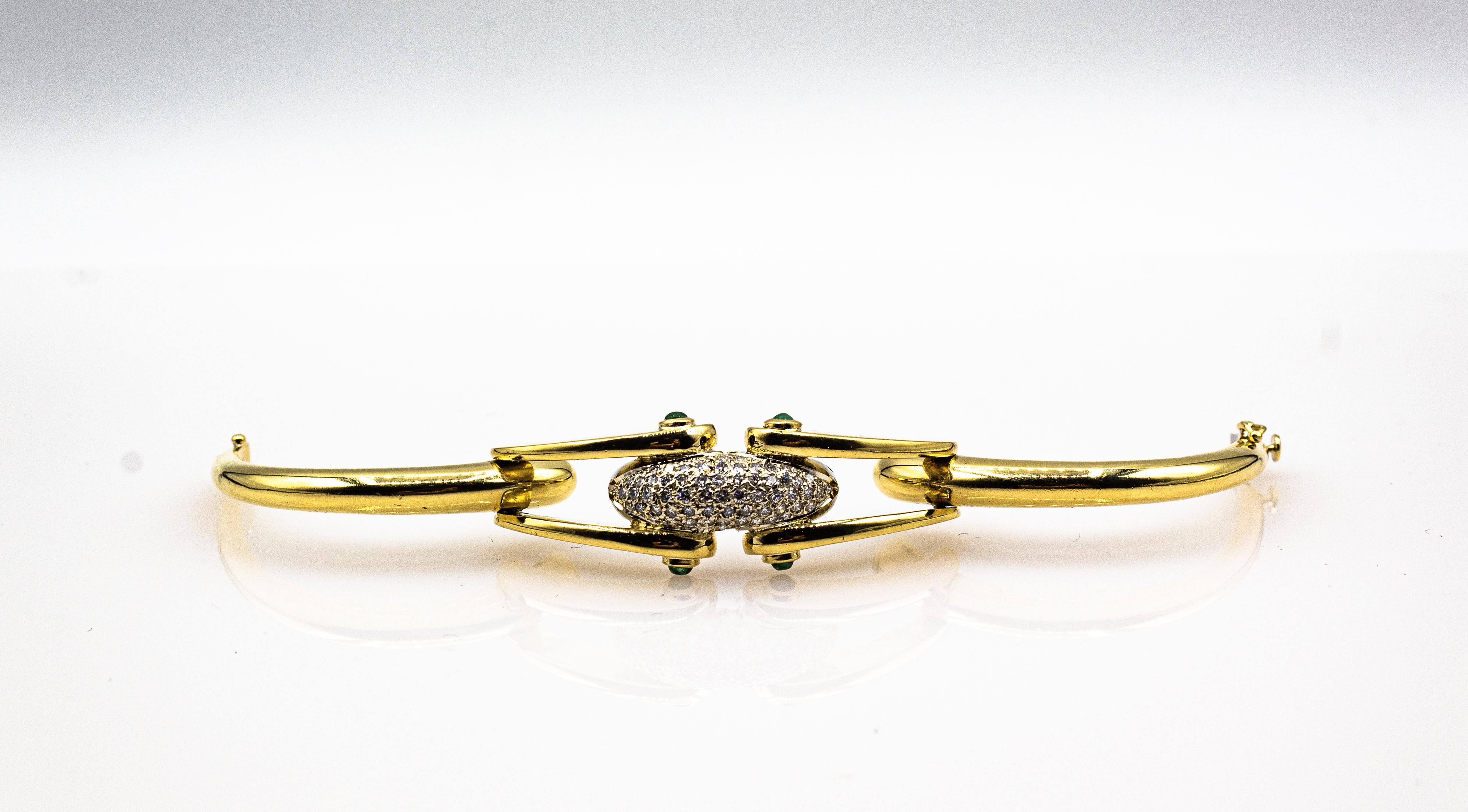Art Deco Style White Brilliant Cut Diamond Emerald Yellow Gold Clamper Bracelet For Sale 2