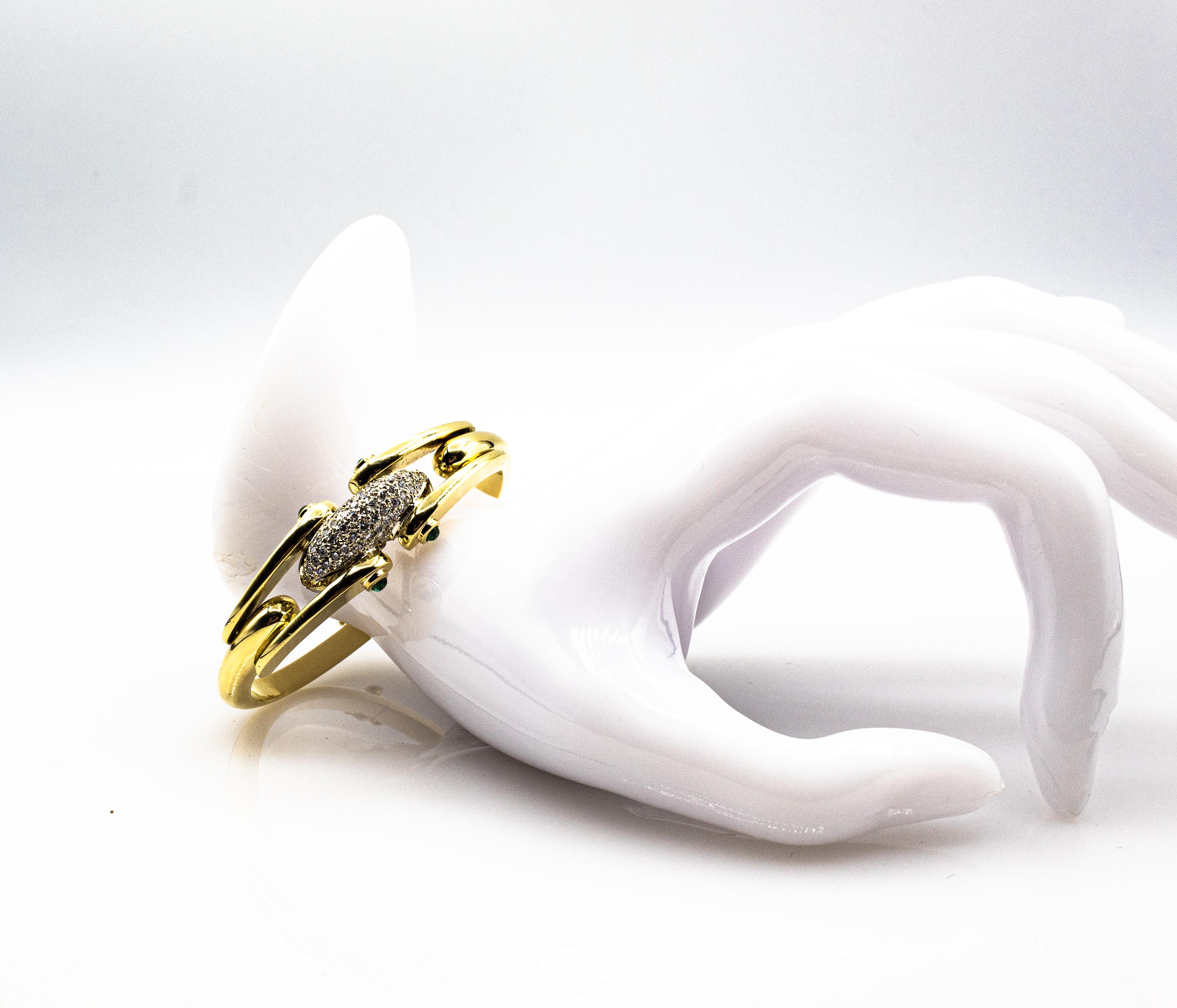 Art Deco Style White Brilliant Cut Diamond Emerald Yellow Gold Clamper Bracelet For Sale 3