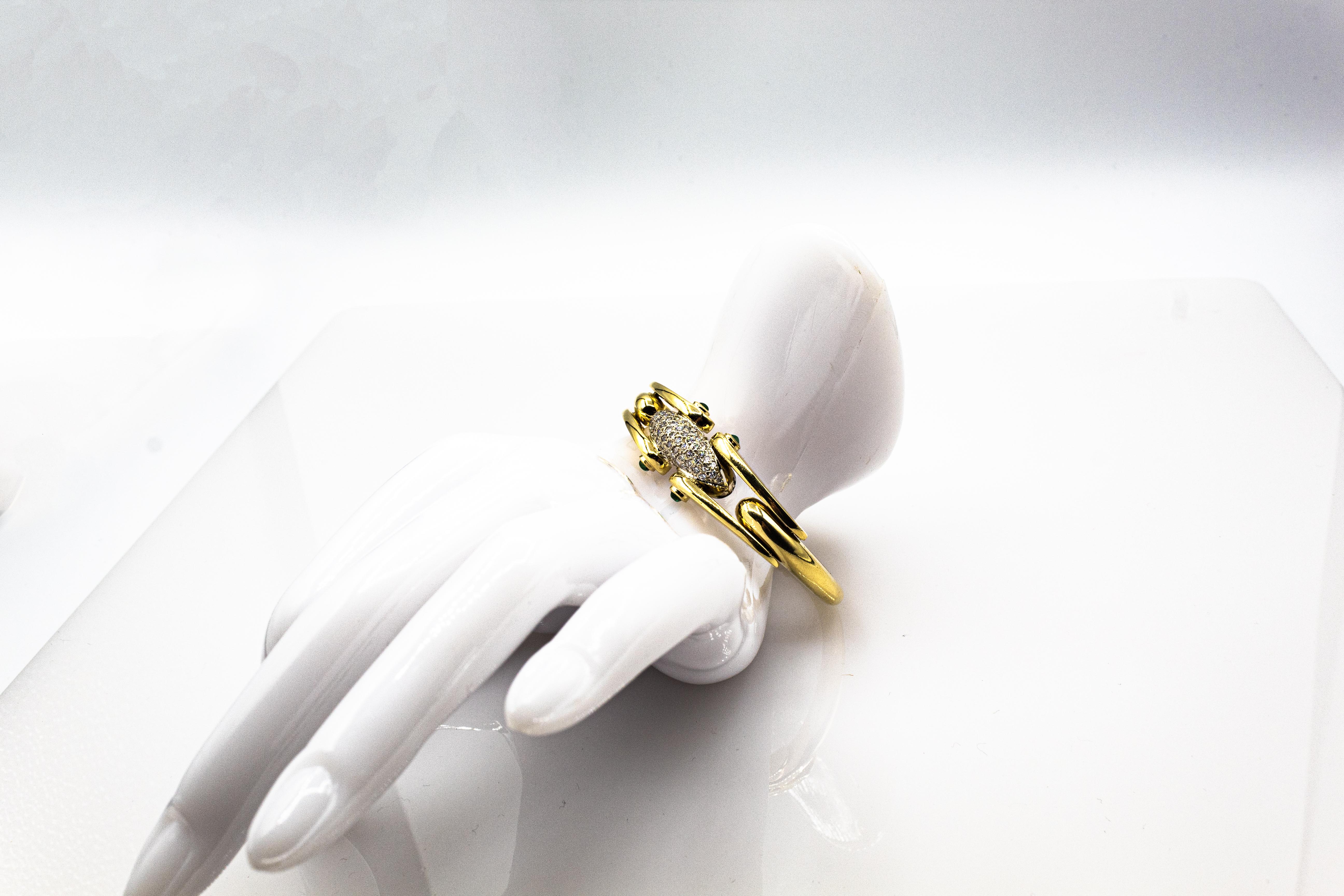 Art Deco Style White Brilliant Cut Diamond Emerald Yellow Gold Clamper Bracelet 4