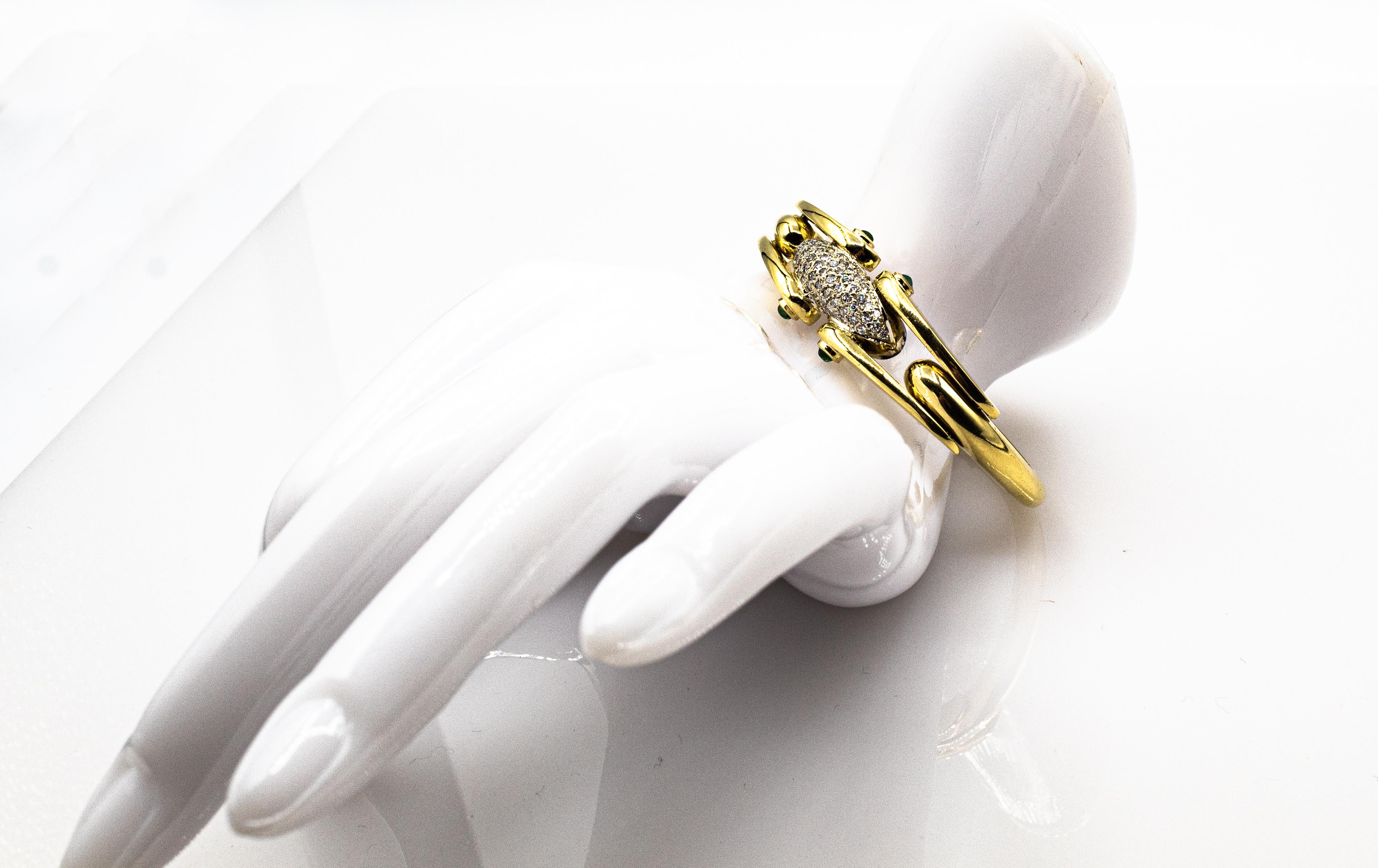 Art Deco Style White Brilliant Cut Diamond Emerald Yellow Gold Clamper Bracelet 5