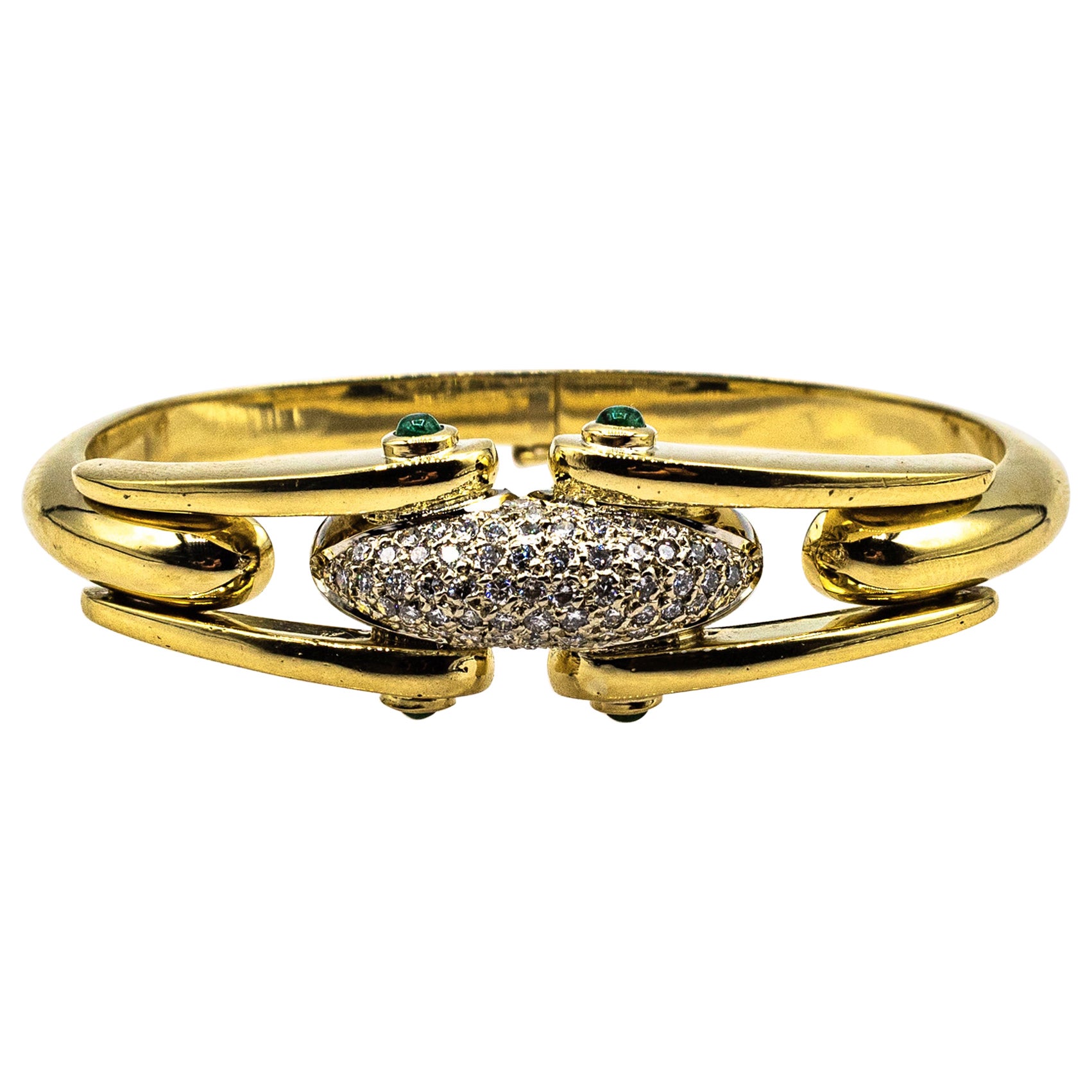 Art Deco Style White Brilliant Cut Diamond Emerald Yellow Gold Clamper Bracelet For Sale