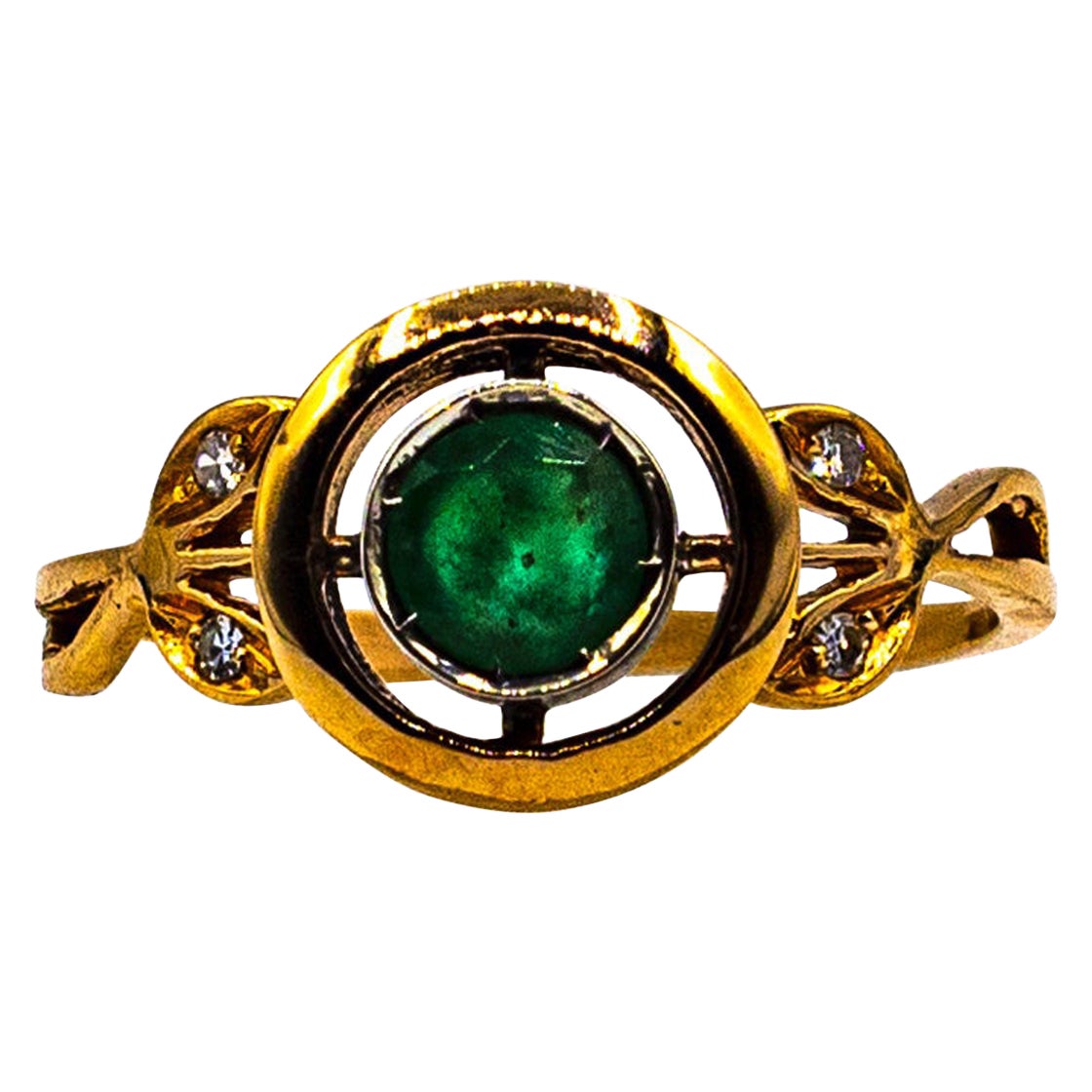 Art Deco Style White Brilliant Cut Diamond Emerald Yellow Gold Cocktail Ring For Sale