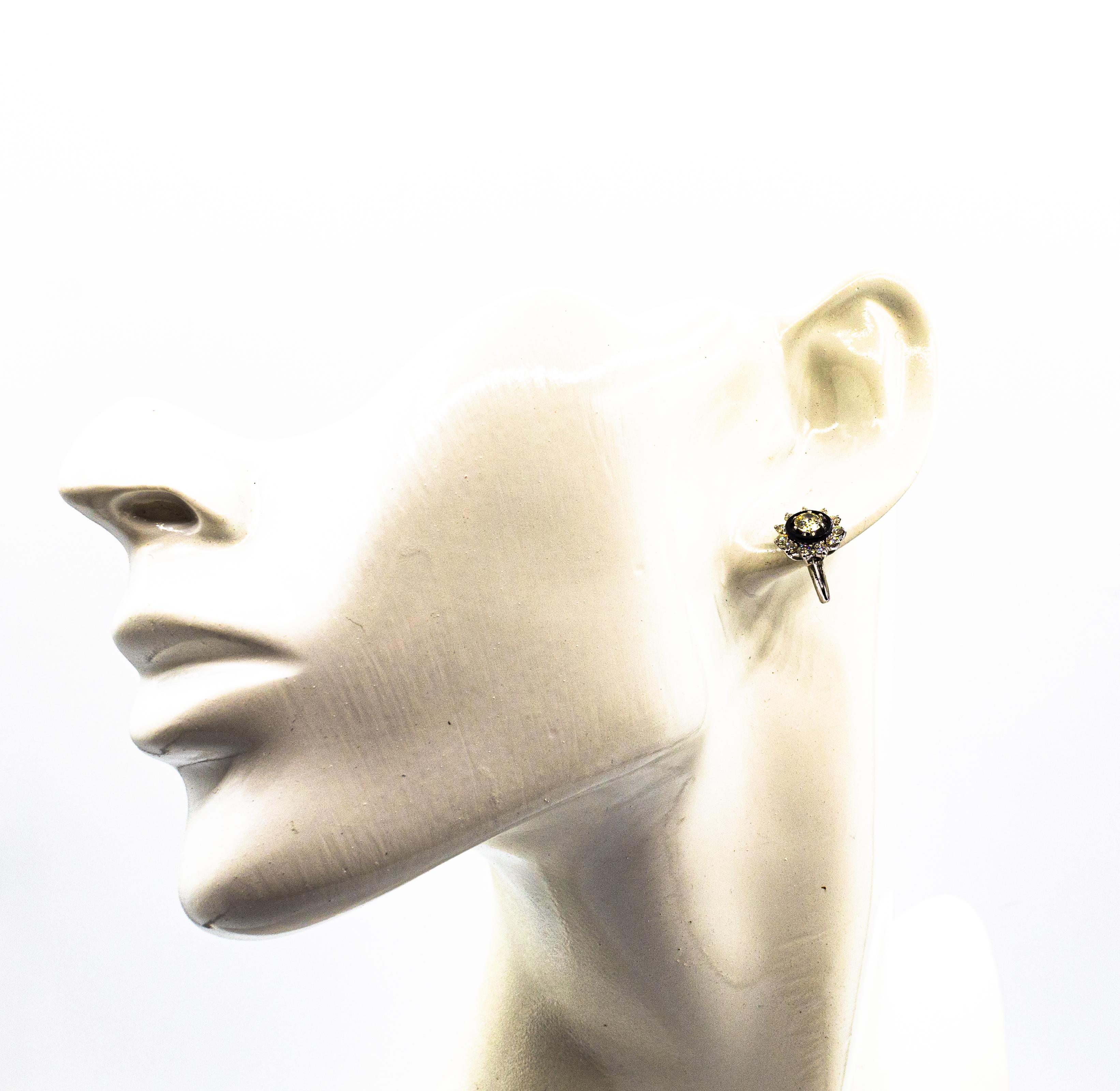 Art Deco Style White Brilliant Cut Diamond Onyx White Gold Lever Back Earrings 10