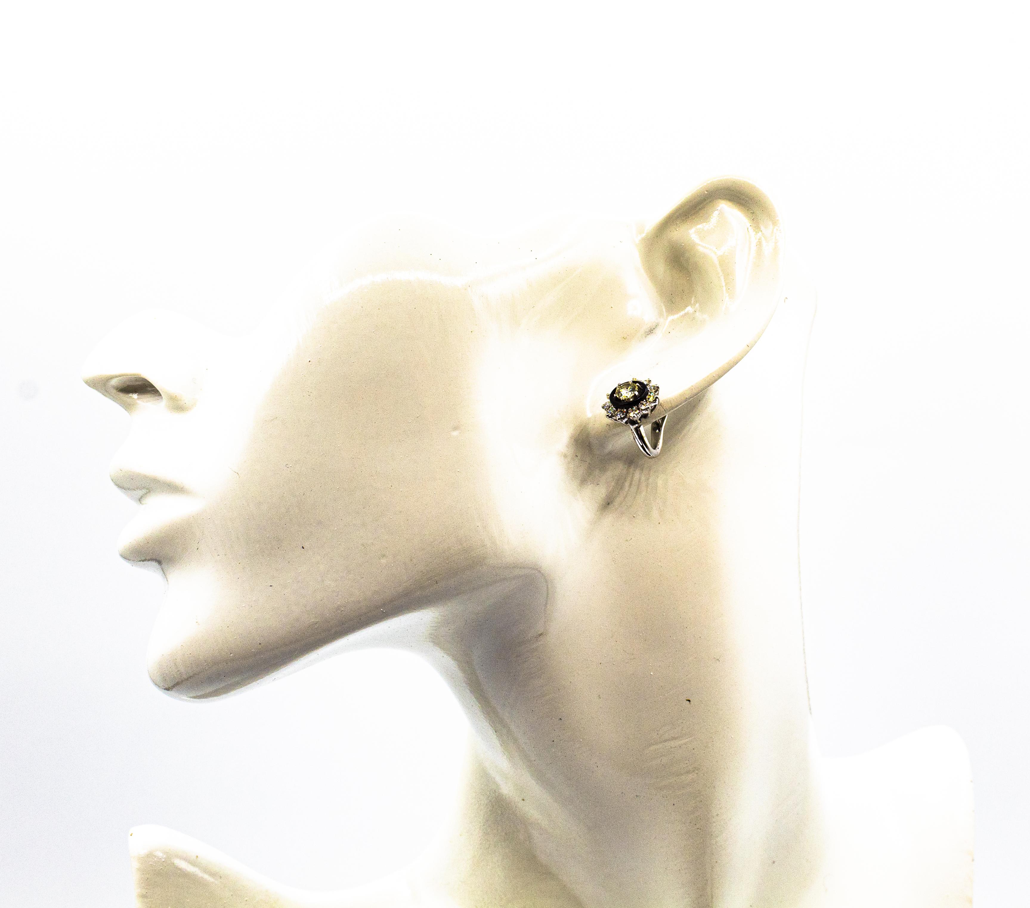 Art Deco Style White Brilliant Cut Diamond Onyx White Gold Lever Back Earrings 11