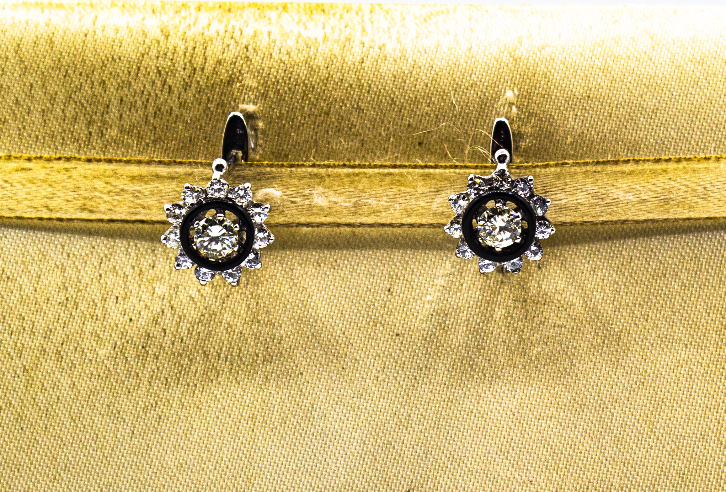 Art Deco Style White Brilliant Cut Diamond Onyx White Gold Lever Back Earrings In New Condition In Naples, IT