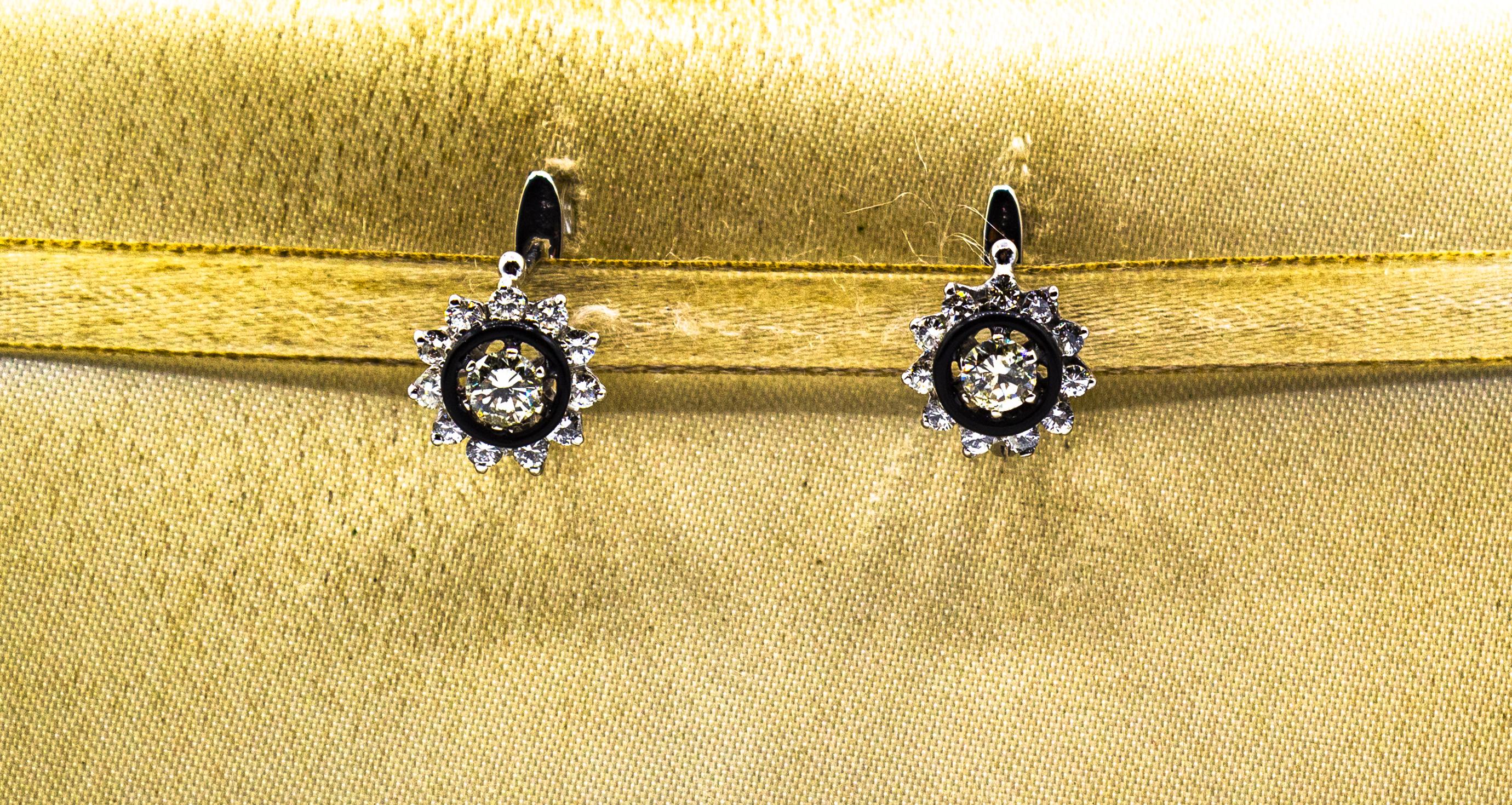 Women's or Men's Art Deco Style White Brilliant Cut Diamond Onyx White Gold Lever Back Earrings