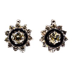 Art Deco Style White Brilliant Cut Diamond Onyx White Gold Lever Back Earrings