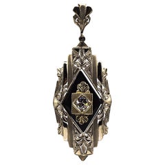 Art Deco Style White Brilliant Cut Diamond Onyx White Gold Pendant Necklace