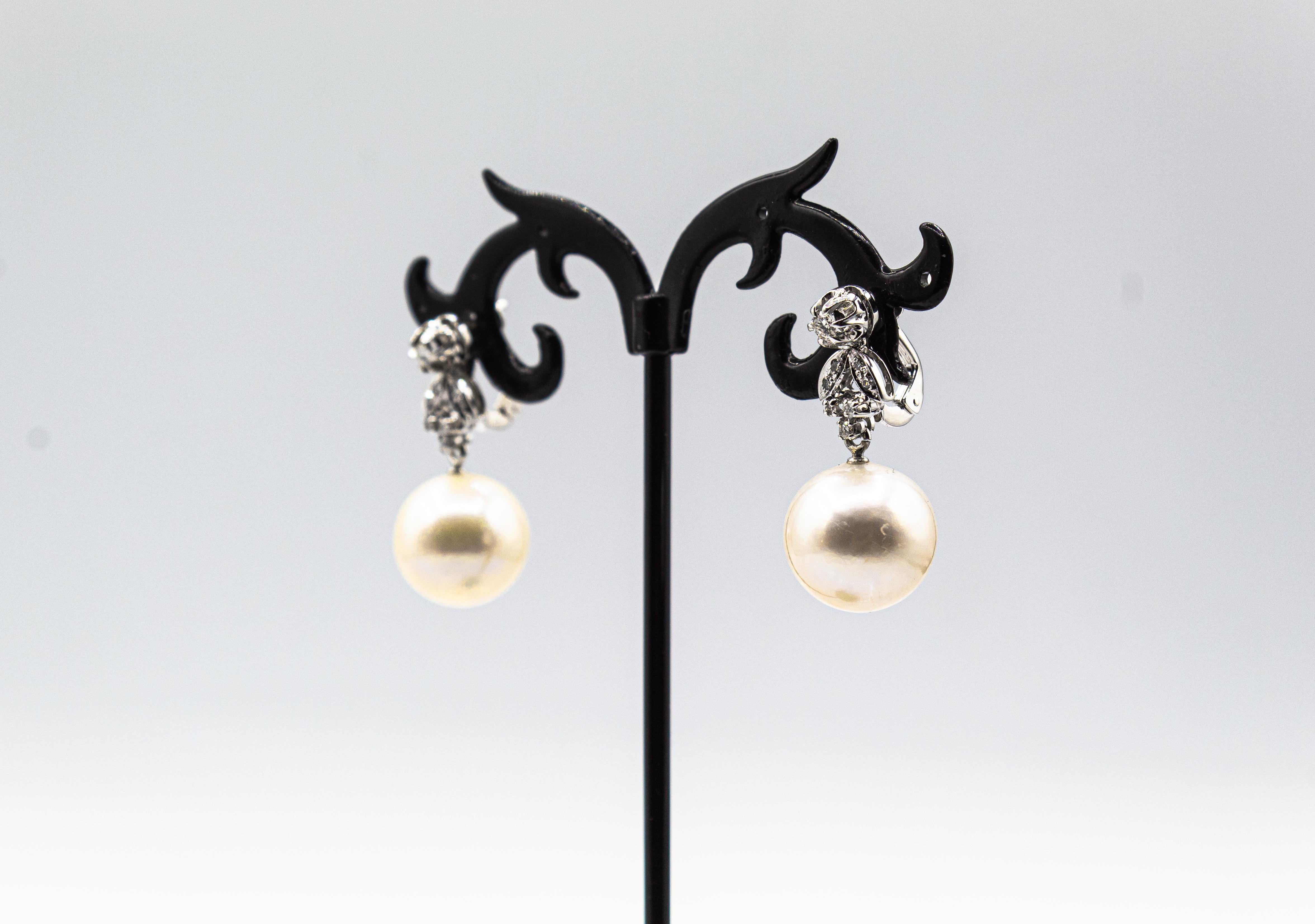 Women's or Men's Art Deco Style White Brilliant Cut Diamond Pearl White Gold Clip-On Earrings For Sale