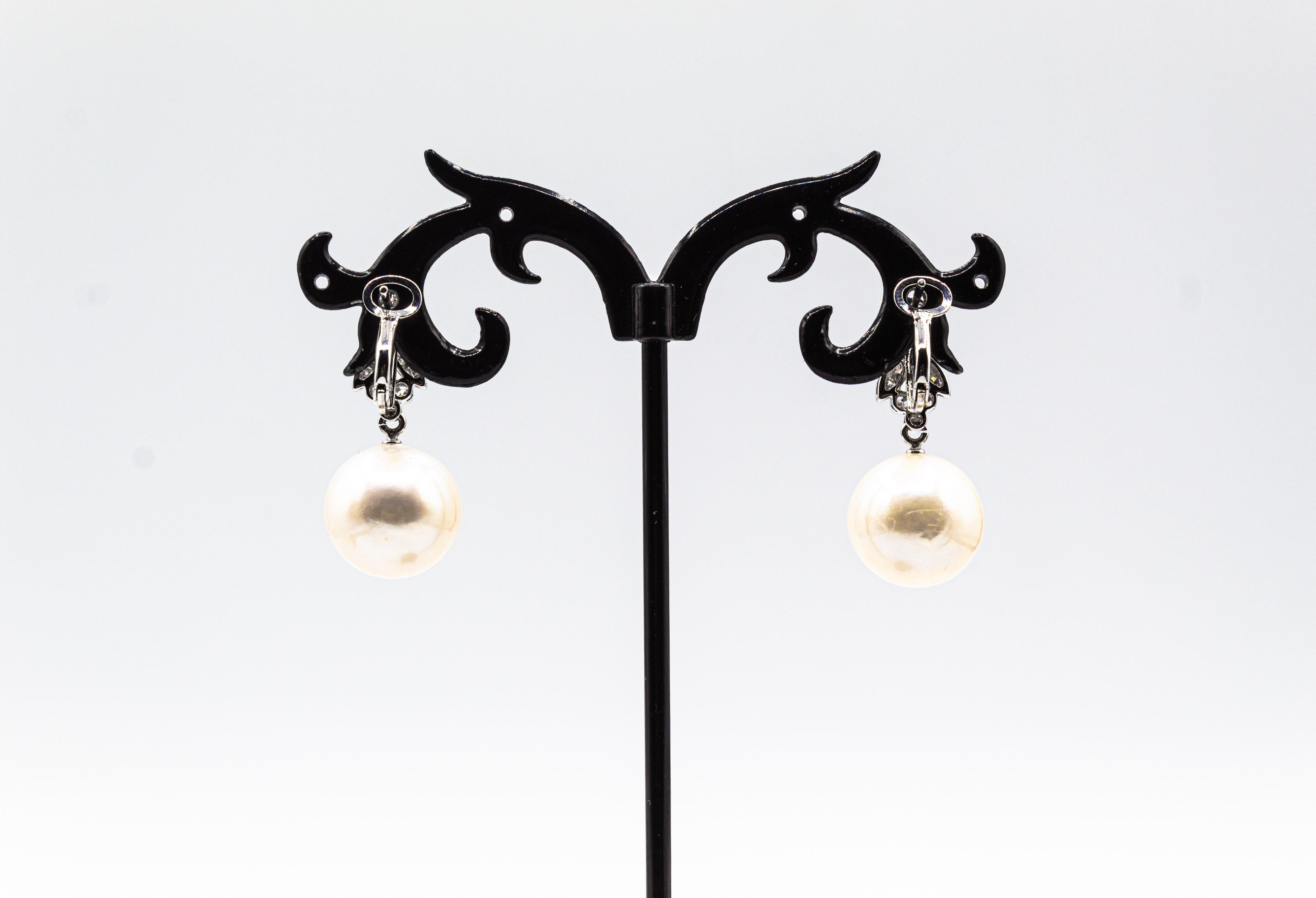 Art Deco Style White Brilliant Cut Diamond Pearl White Gold Clip-On Earrings For Sale 1