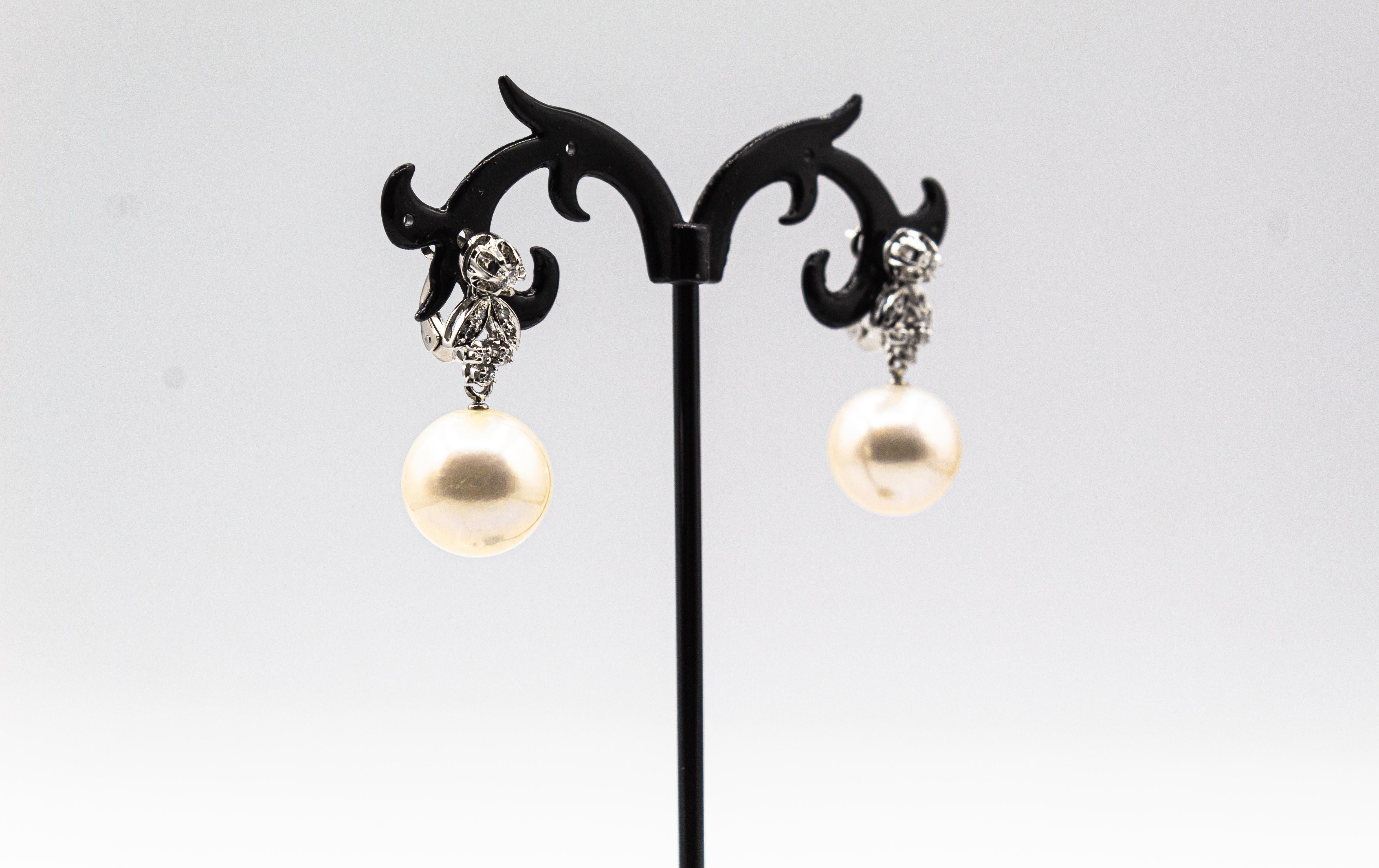 Art Deco Style White Brilliant Cut Diamond Pearl White Gold Clip-On Earrings For Sale 2