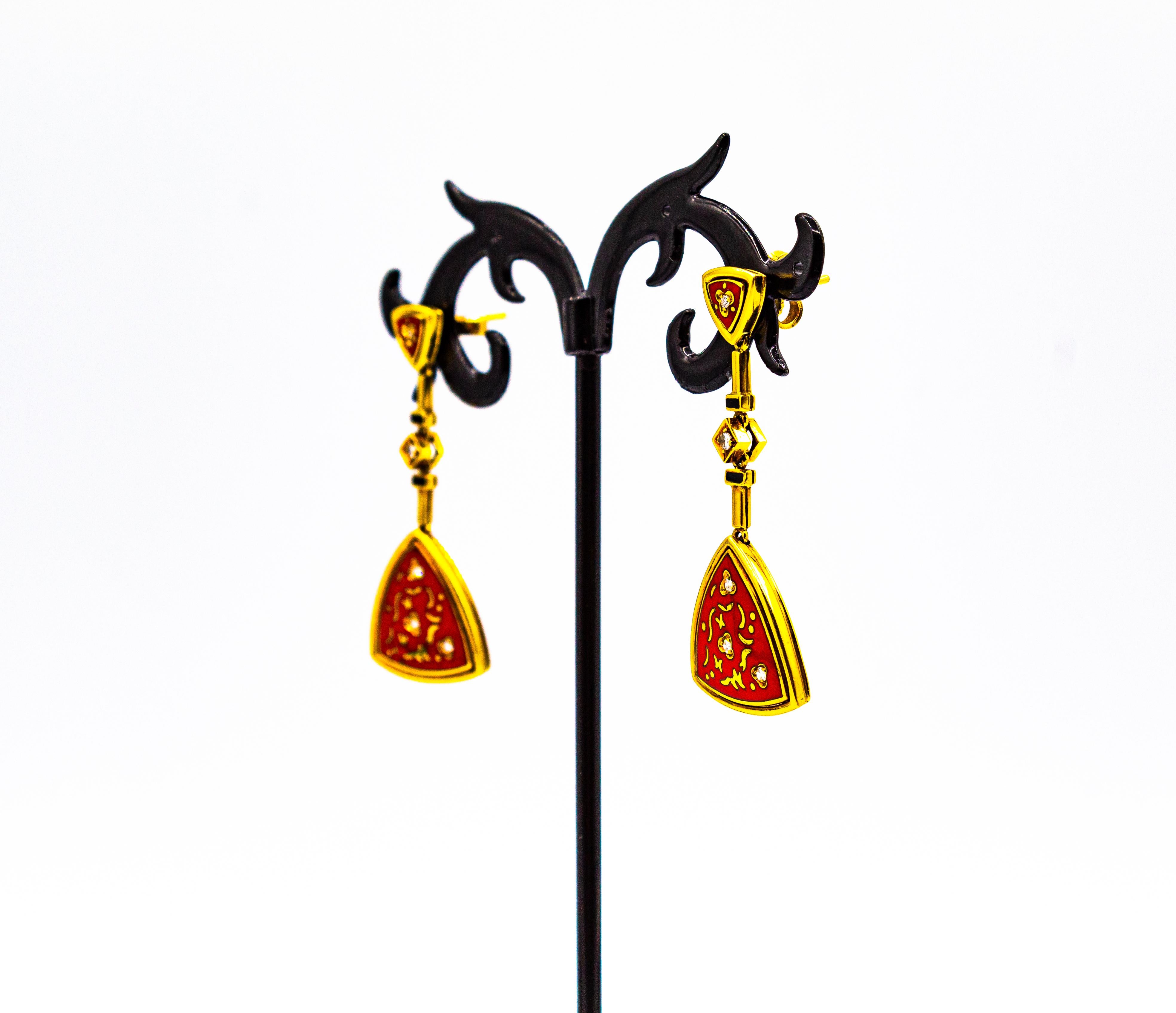 Art Deco Style White Brilliant Cut Diamond Red Enamel Yellow Gold Drop Earrings For Sale 7