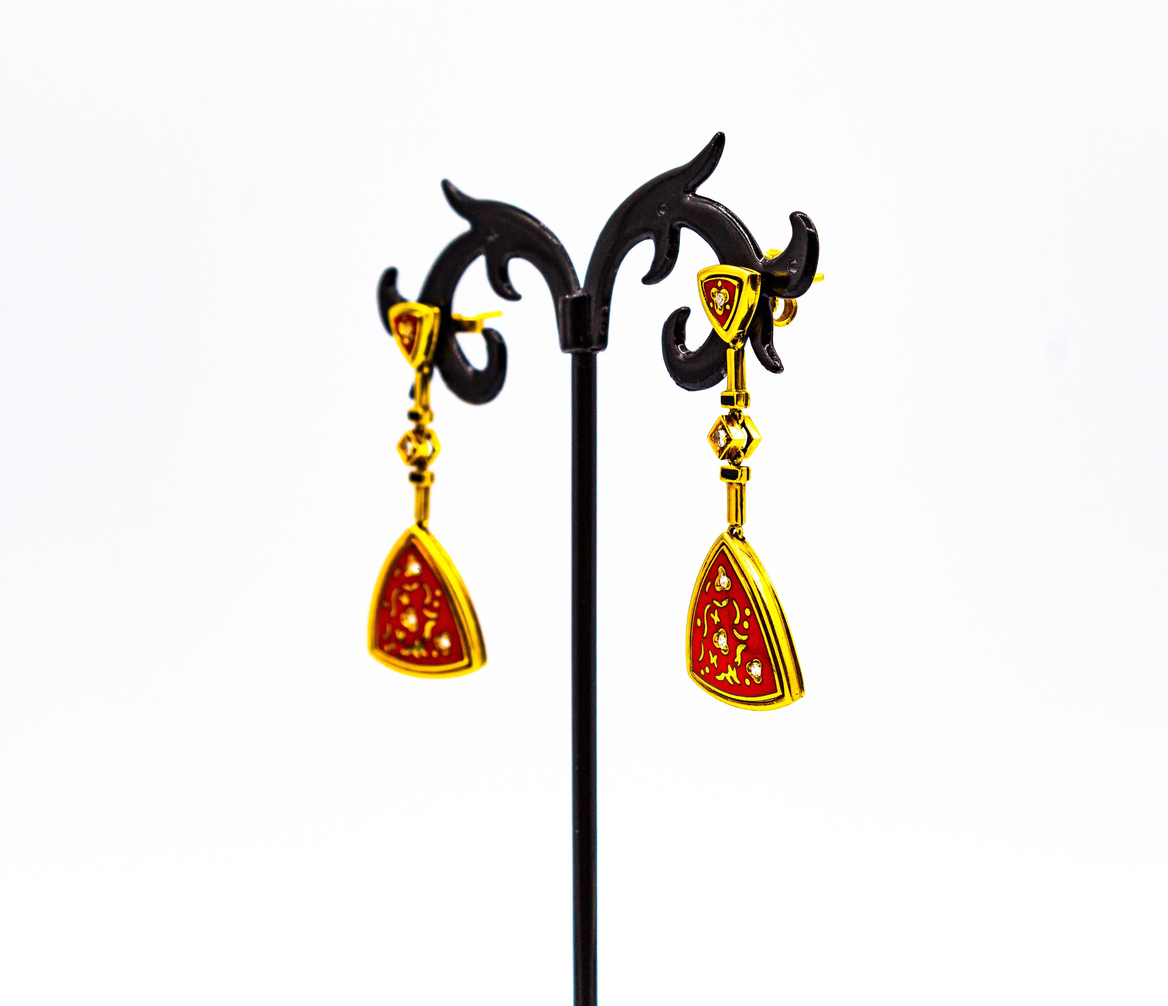 Boucles d'oreilles en goutte en or jaune de style Art déco avec diamants blancs taille brillant et émail rouge en vente 6