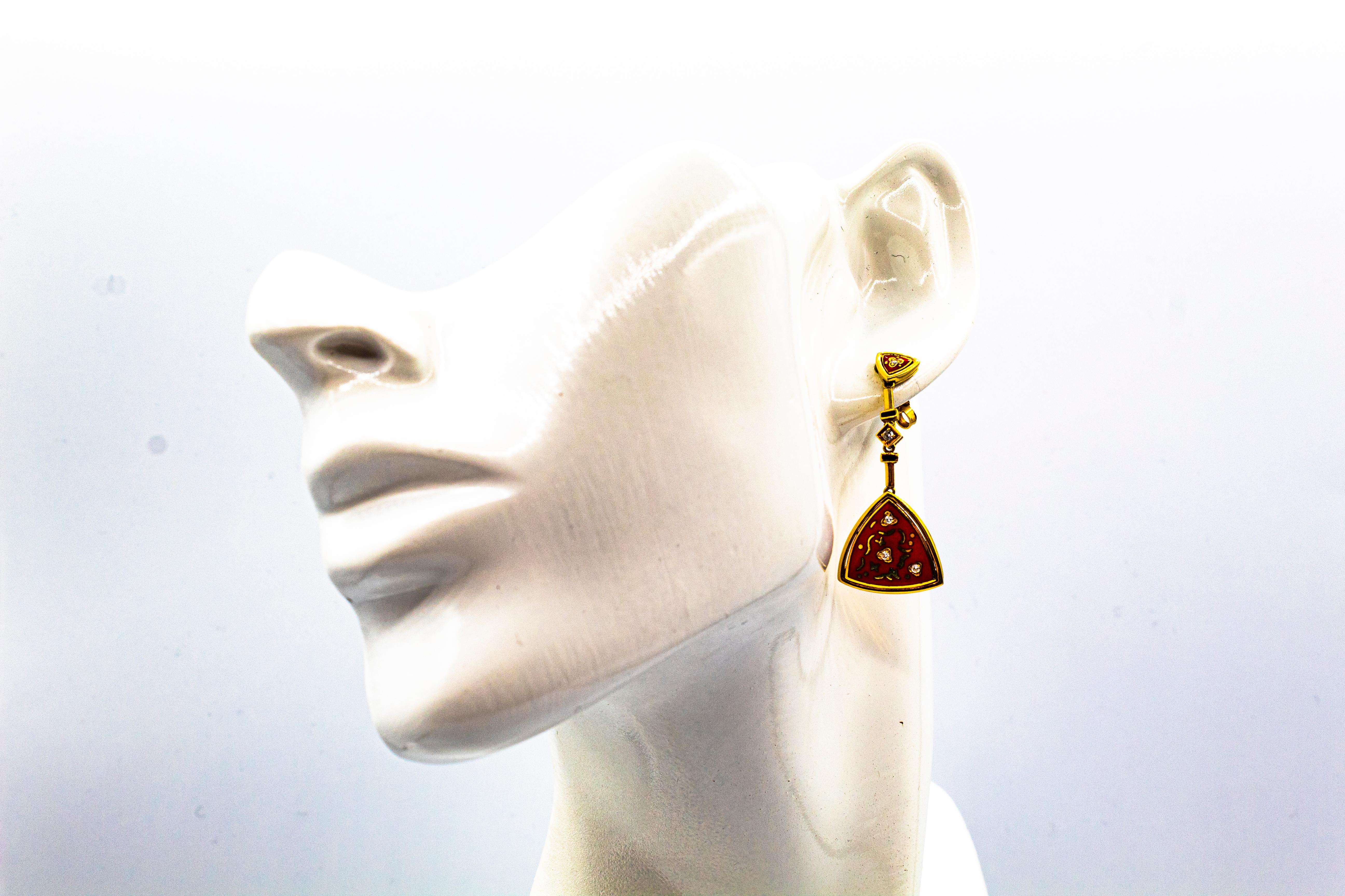 Art Deco Style White Brilliant Cut Diamond Red Enamel Yellow Gold Drop Earrings For Sale 8