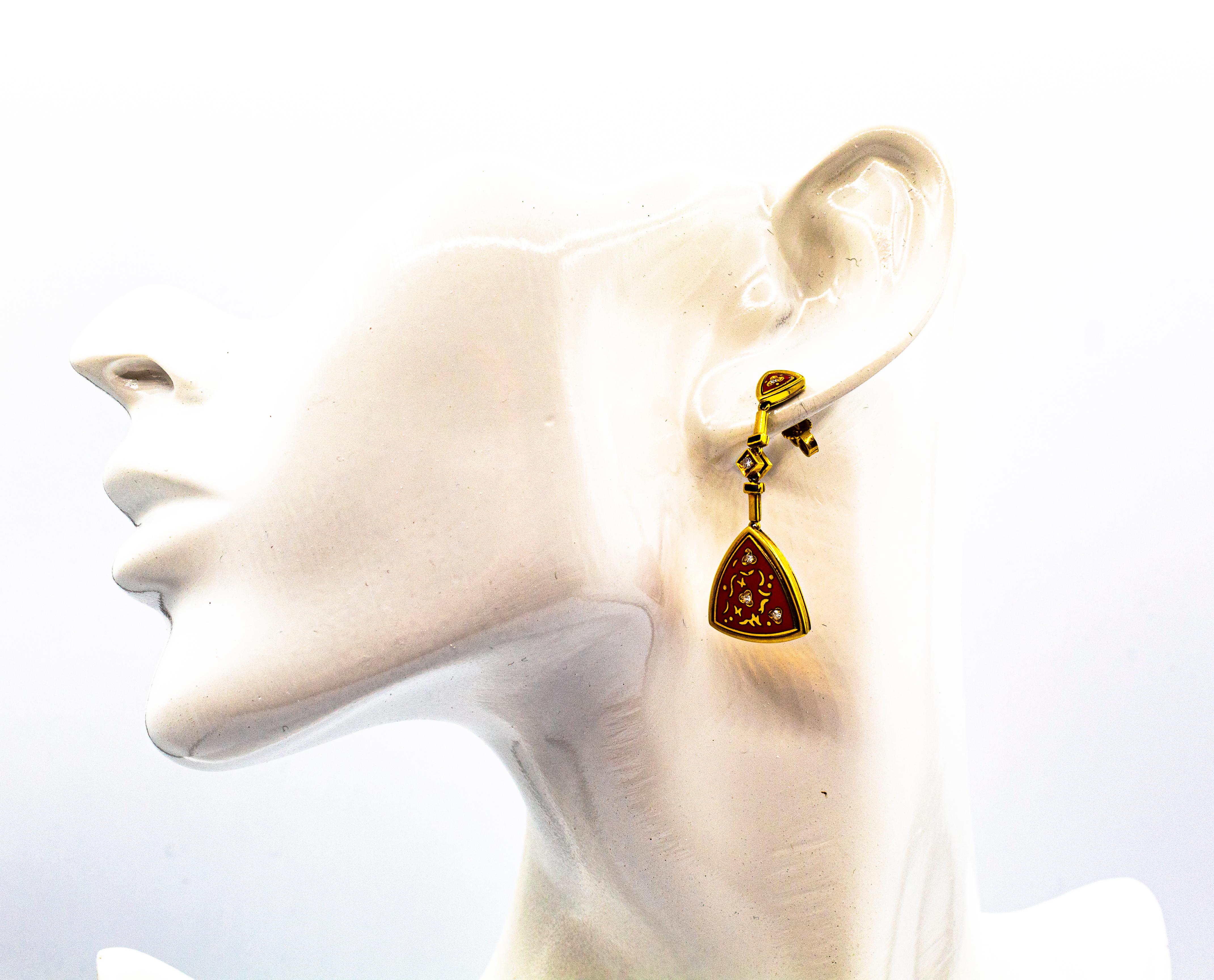 Art Deco Style White Brilliant Cut Diamond Red Enamel Yellow Gold Drop Earrings For Sale 9
