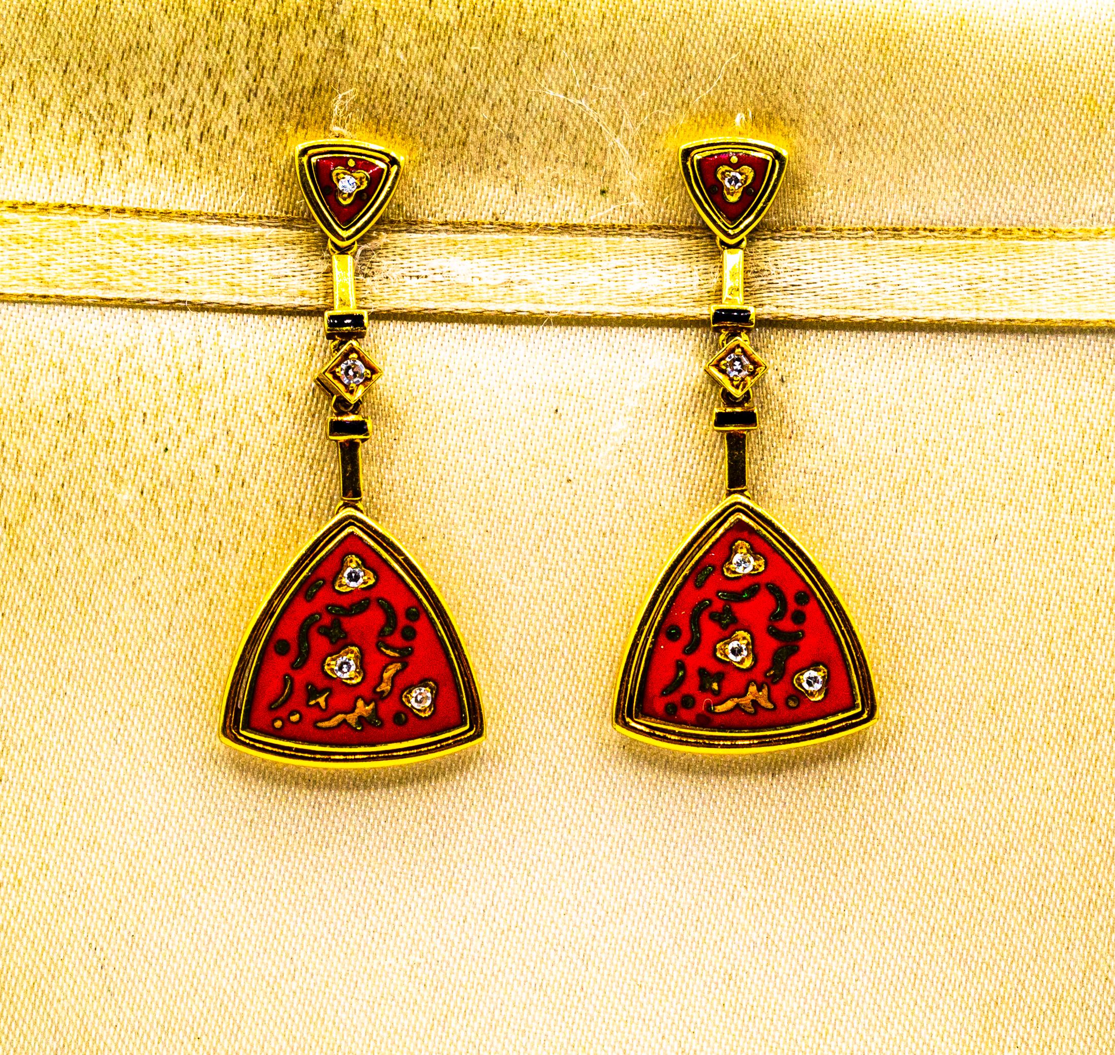 Art Deco Style White Brilliant Cut Diamond Red Enamel Yellow Gold Drop Earrings In New Condition For Sale In Naples, IT