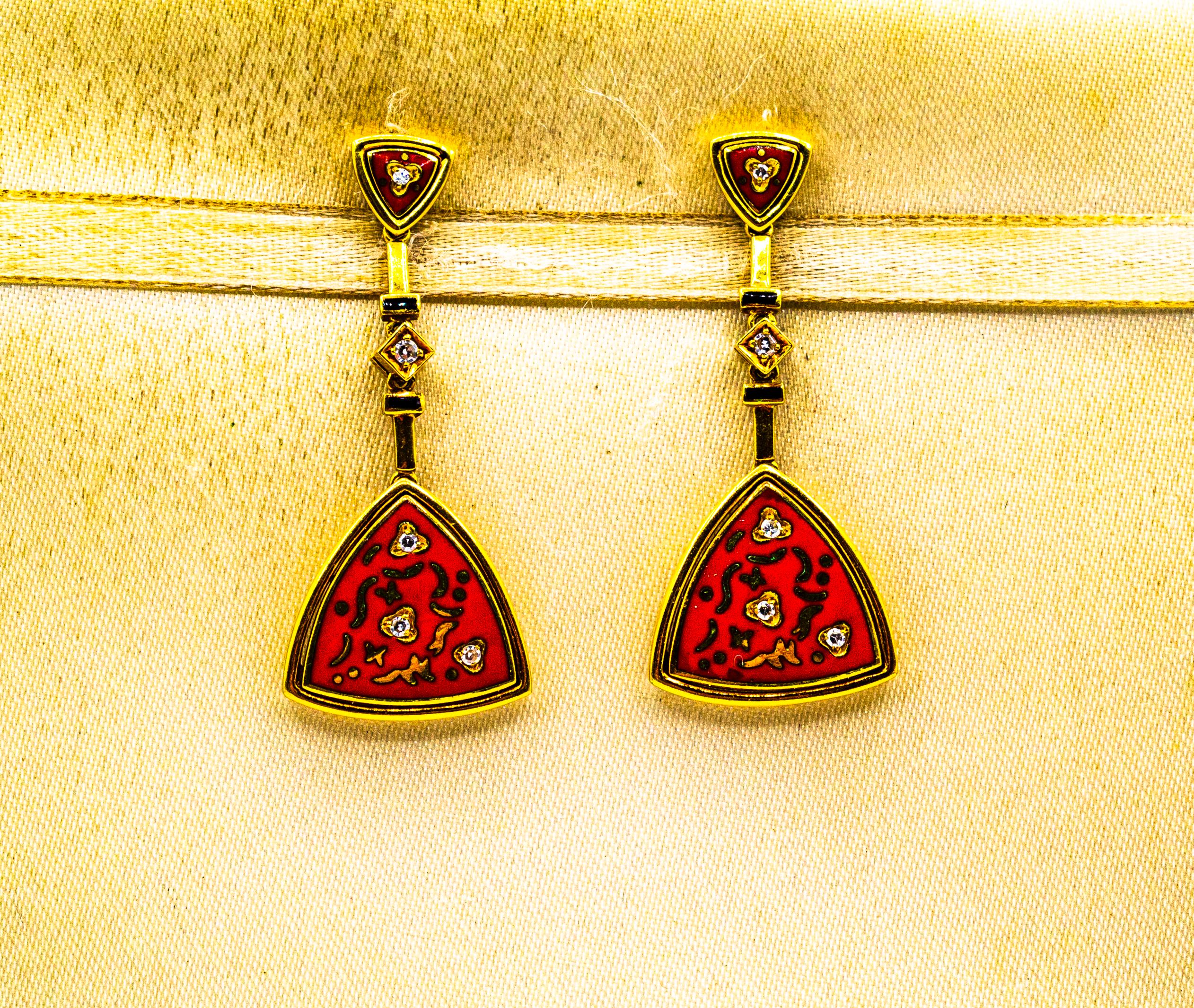 Women's or Men's Art Deco Style White Brilliant Cut Diamond Red Enamel Yellow Gold Drop Earrings For Sale