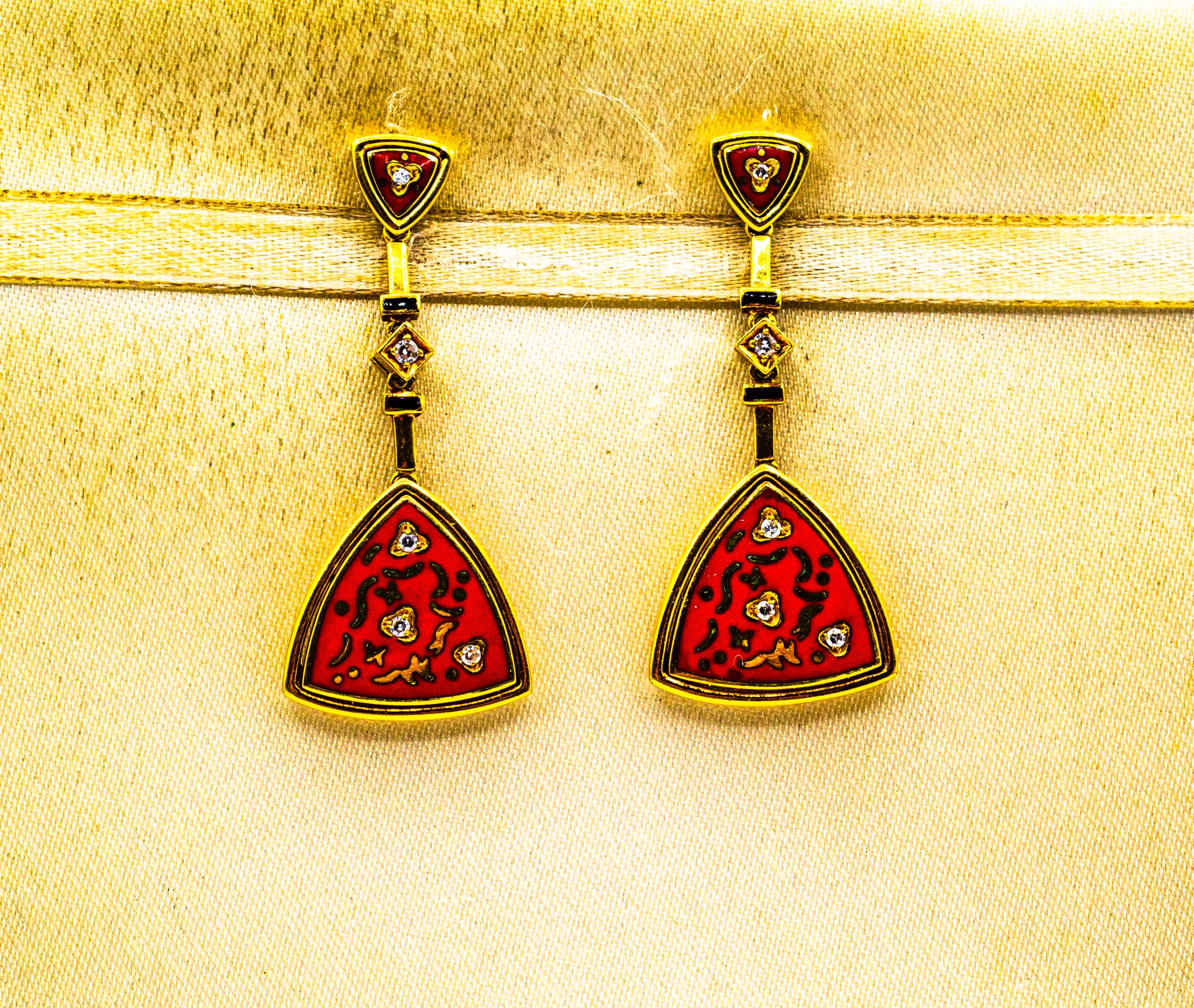 Boucles d'oreilles en goutte en or jaune de style Art déco avec diamants blancs taille brillant et émail rouge Neuf - En vente à Naples, IT