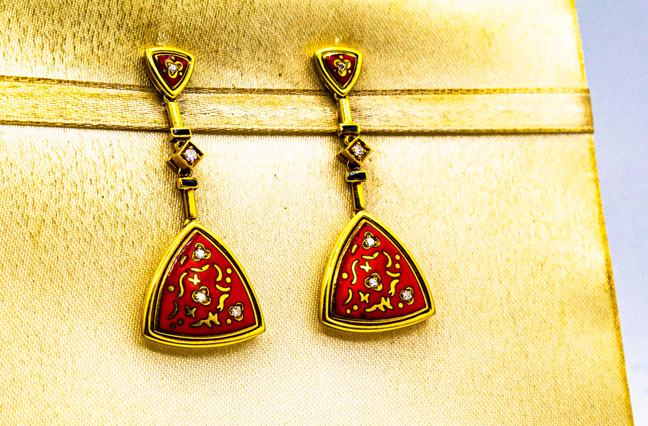 Art Deco Style White Brilliant Cut Diamond Red Enamel Yellow Gold Drop Earrings For Sale 1