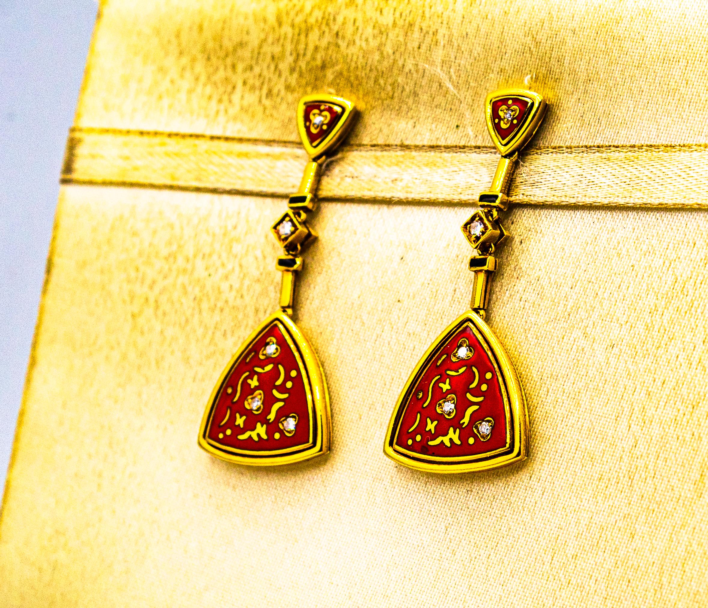 Art Deco Style White Brilliant Cut Diamond Red Enamel Yellow Gold Drop Earrings For Sale 2