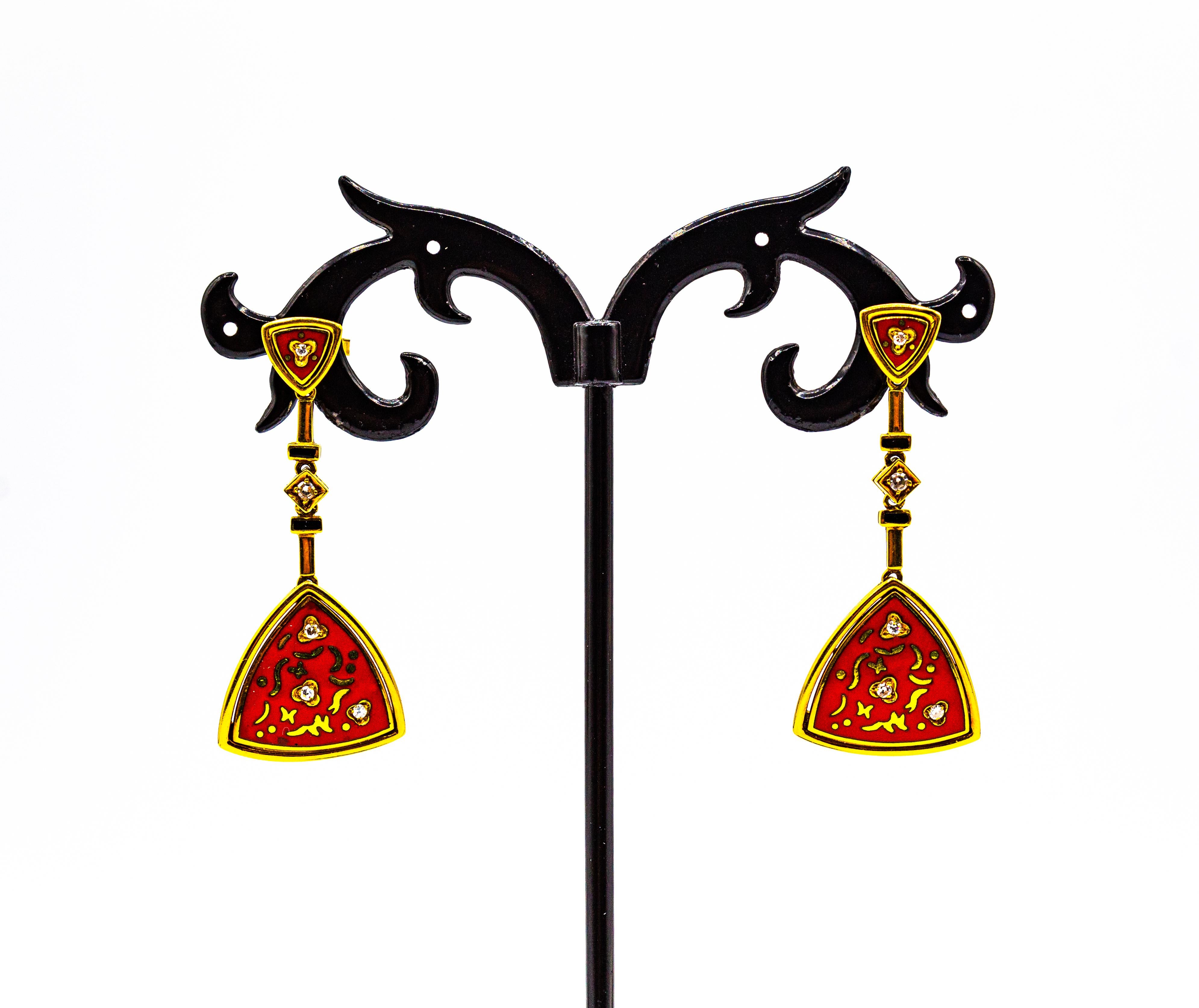 Art Deco Style White Brilliant Cut Diamond Red Enamel Yellow Gold Drop Earrings For Sale 3