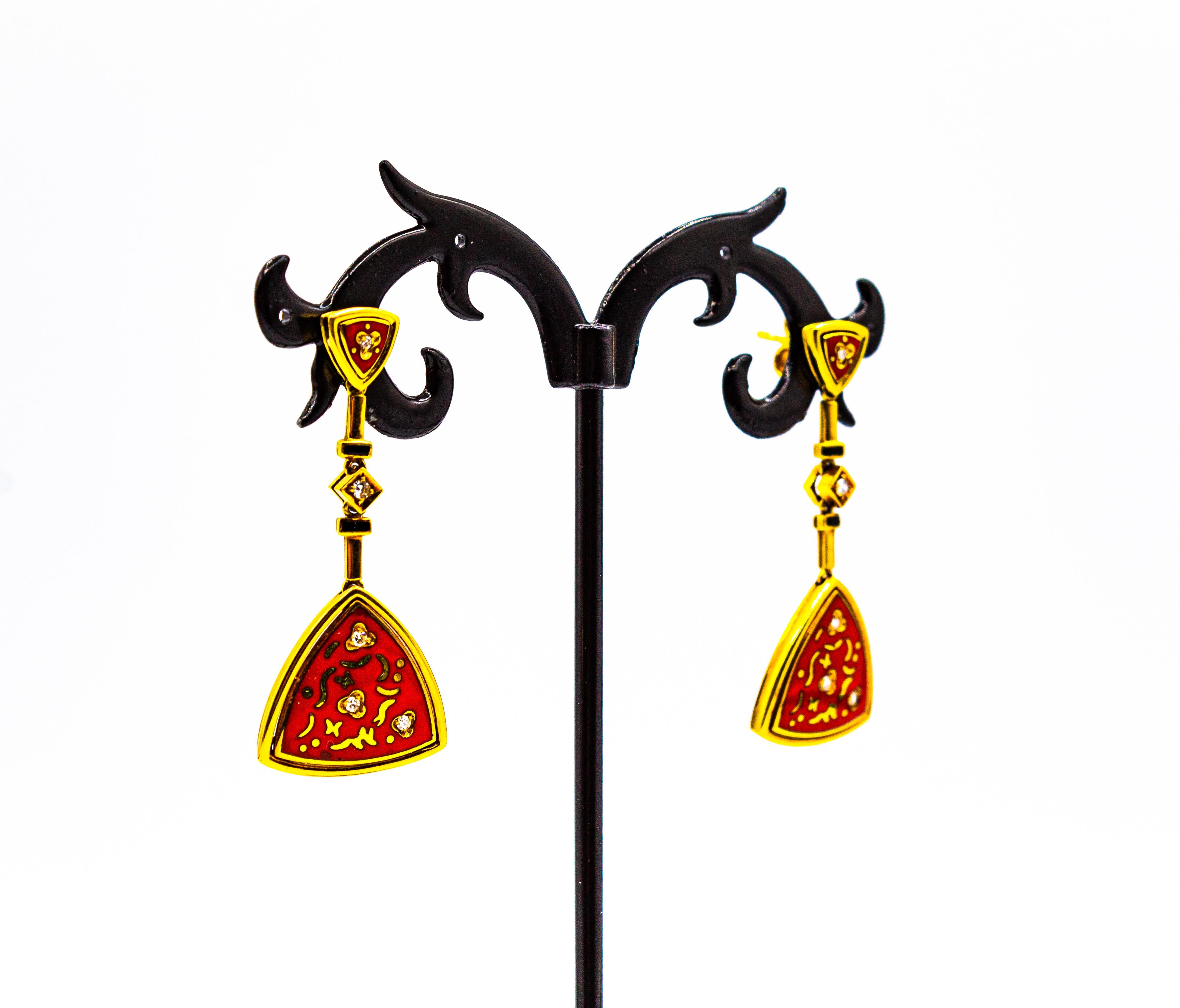 Art Deco Style White Brilliant Cut Diamond Red Enamel Yellow Gold Drop Earrings For Sale 5