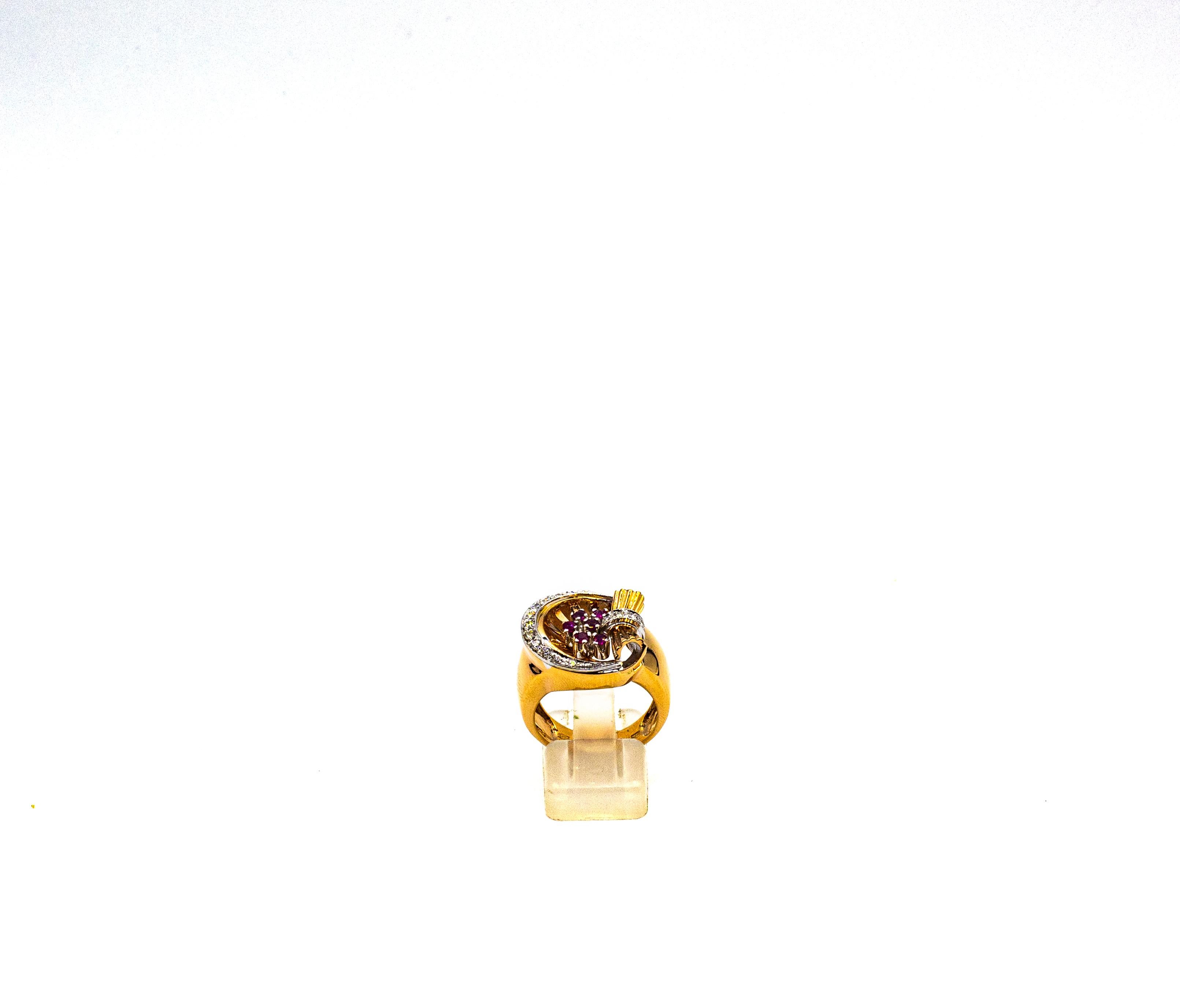 Art Deco Style White Brilliant Cut Diamond Ruby Yellow Gold Cocktail Ring In New Condition For Sale In Naples, IT