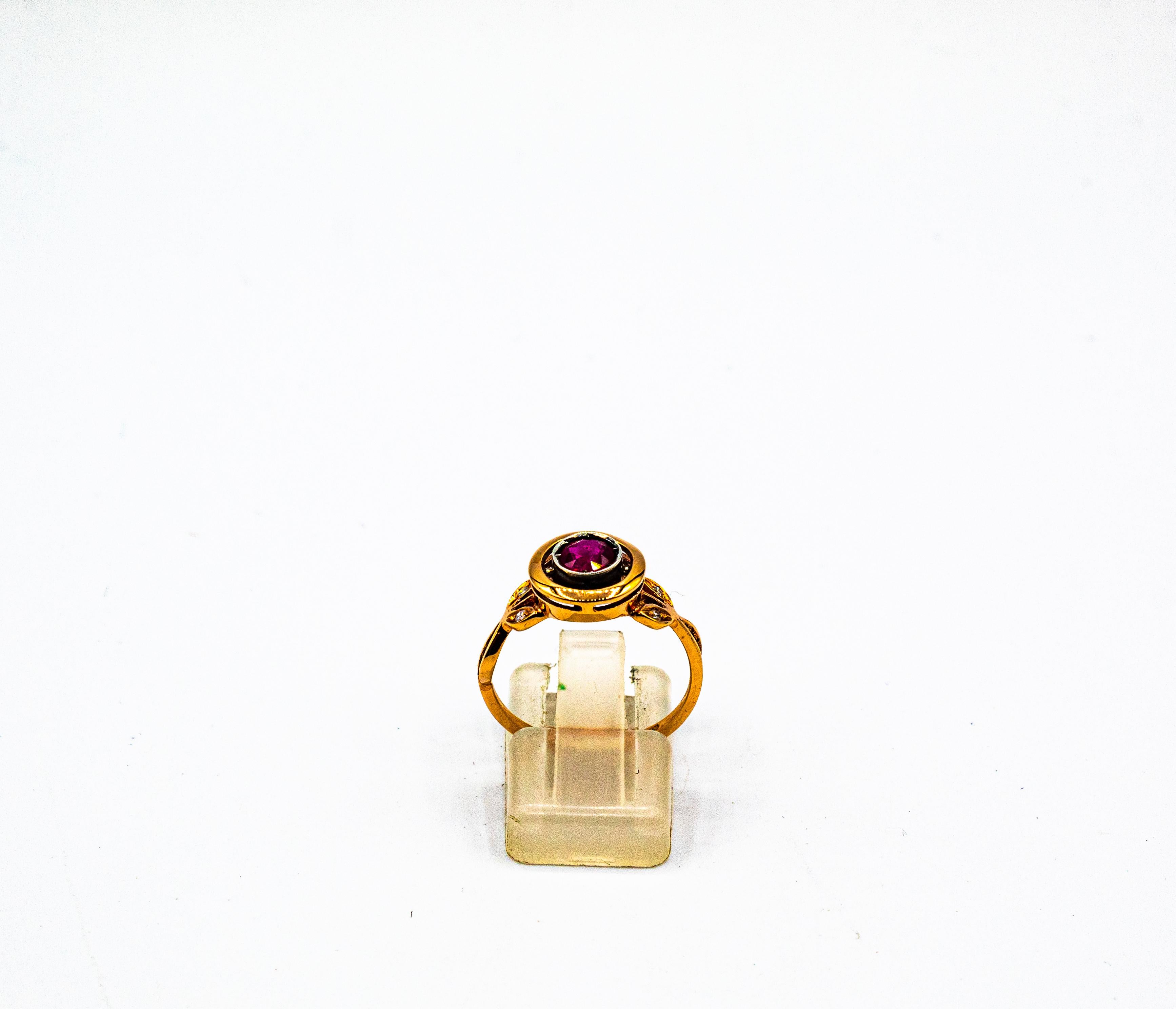 Anillo de cóctel de oro amarillo con diamante rubí talla brillante blanco estilo art déco en venta 2