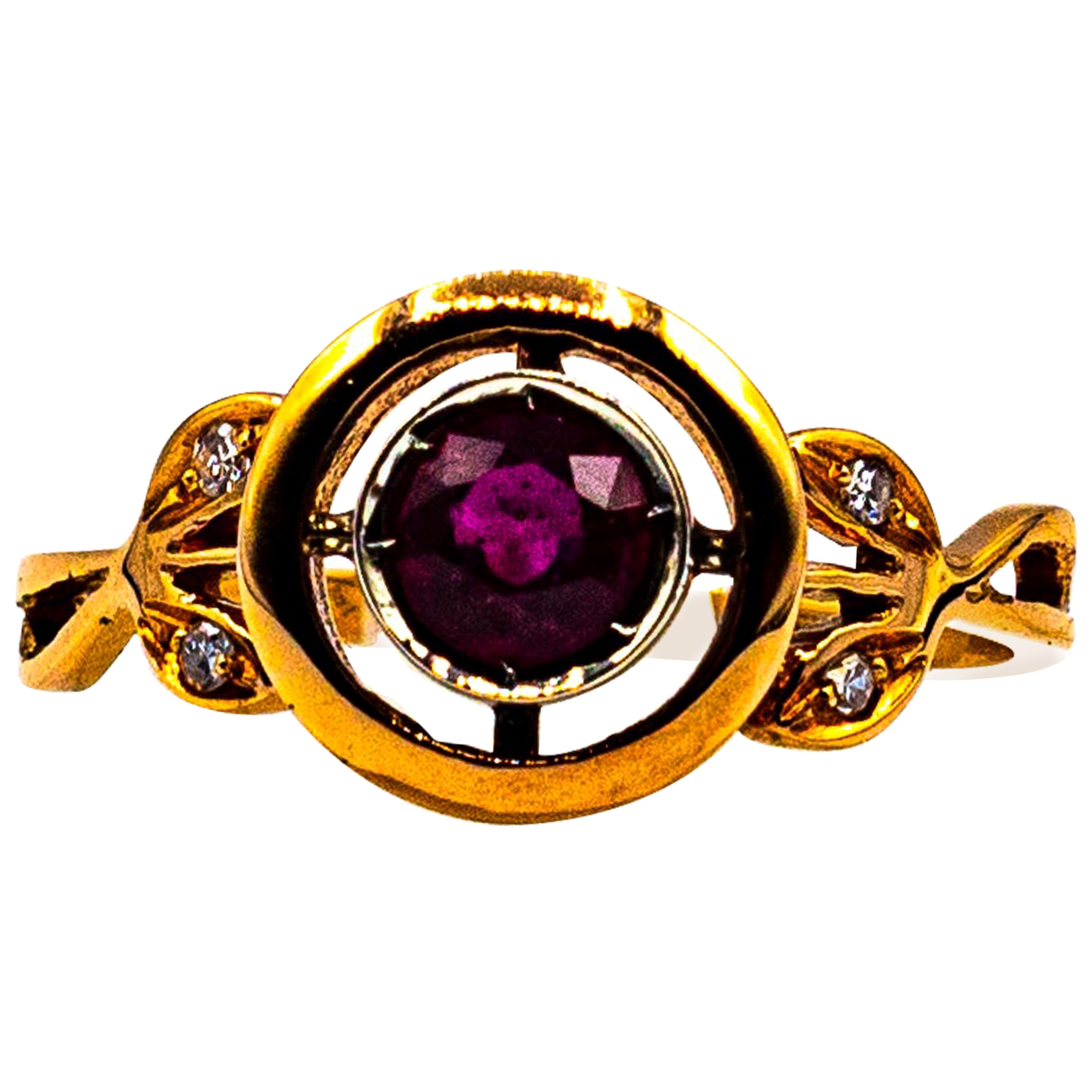 Anillo de cóctel de oro amarillo con diamante rubí talla brillante blanco estilo art déco