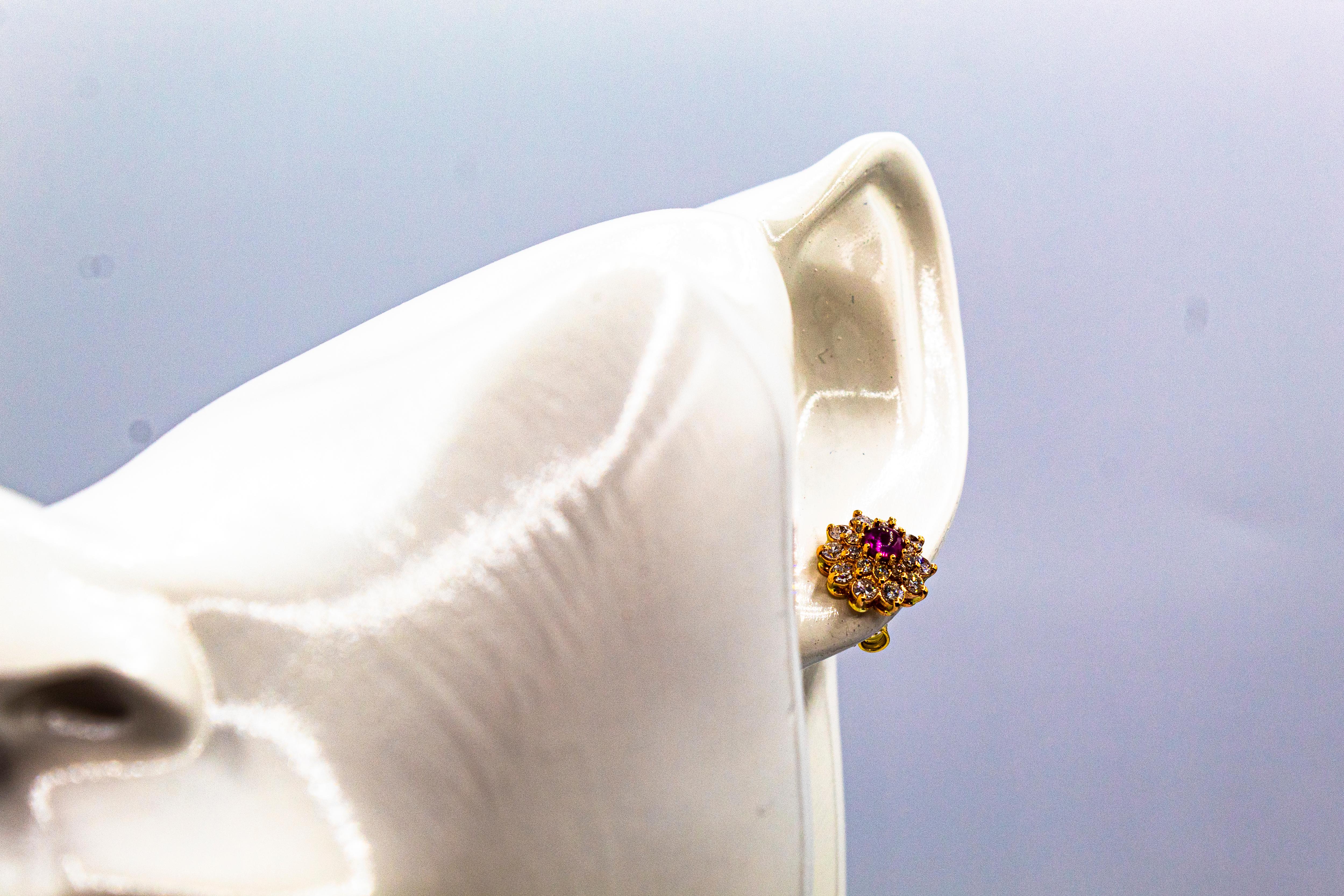 Art Deco Style White Brilliant Cut Diamond Ruby Yellow Gold Stud Dangle Earrings For Sale 8