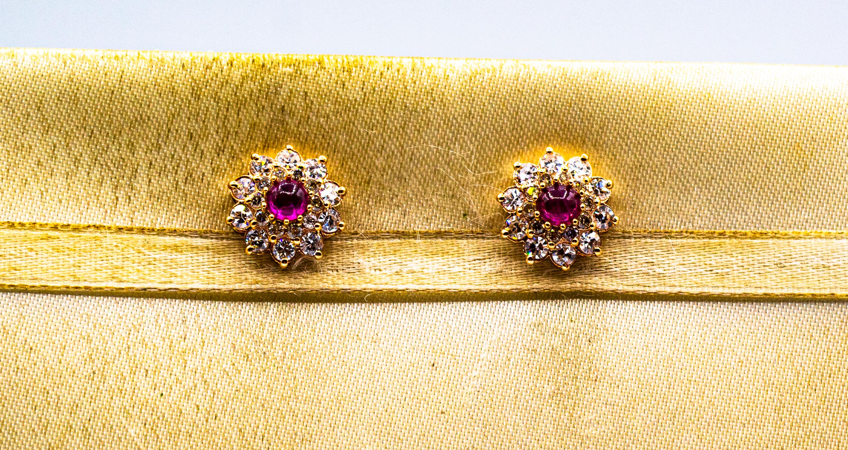 Art Deco Style White Brilliant Cut Diamond Ruby Yellow Gold Stud Dangle Earrings In New Condition For Sale In Naples, IT