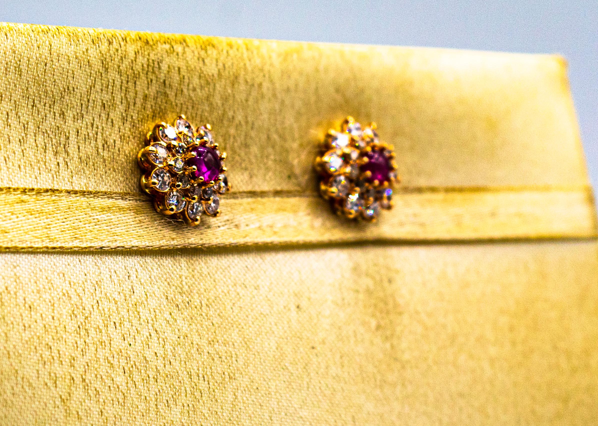 Art Deco Style White Brilliant Cut Diamond Ruby Yellow Gold Stud Dangle Earrings For Sale 1