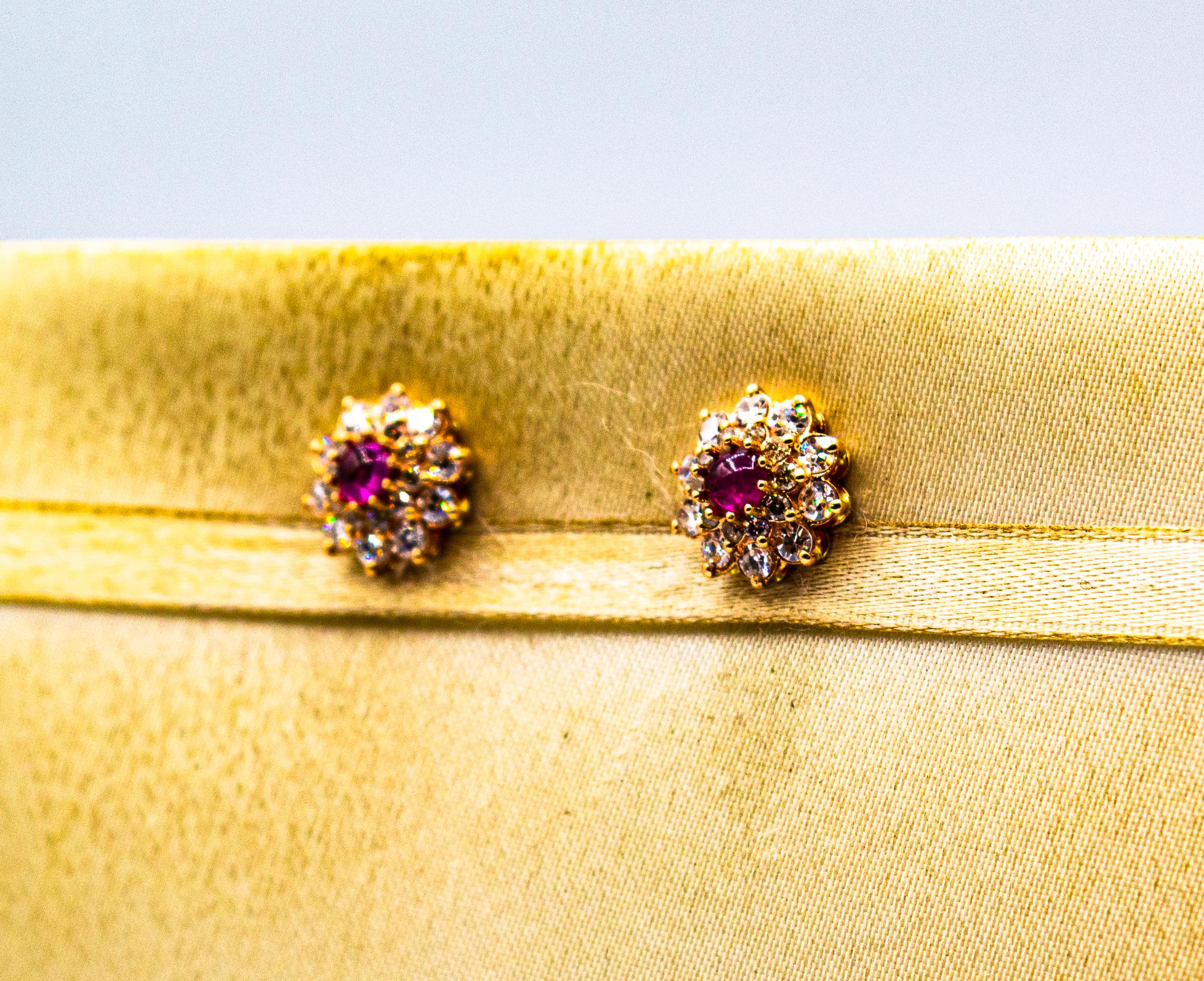 Art Deco Style White Brilliant Cut Diamond Ruby Yellow Gold Stud Dangle Earrings For Sale 2